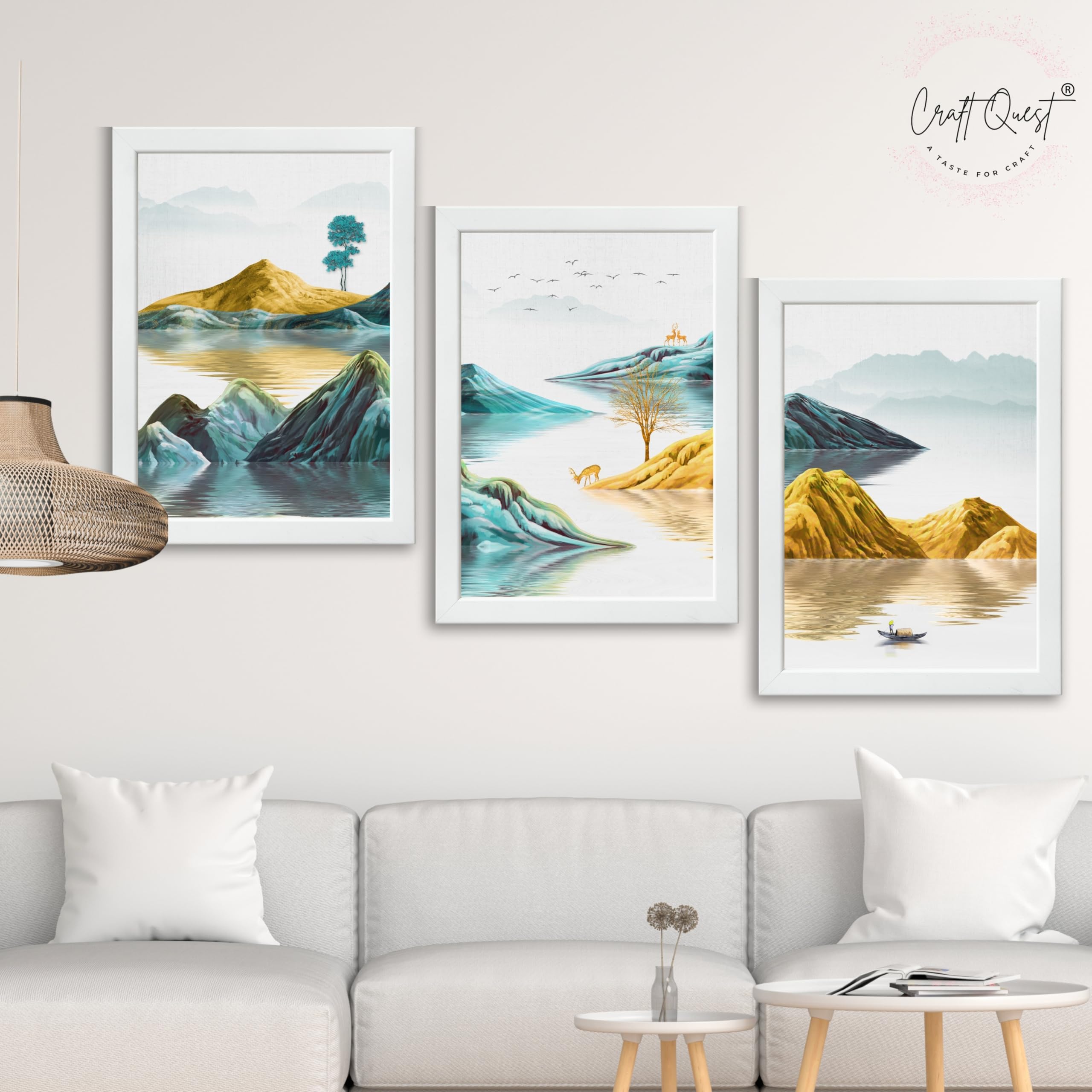 CRAFT QUEST Modern Art Abstract Geometric Gold Lines Wall Art | Set of 3 Frames for Home Decoration | Ideal for Living Room, Bedroom & Offices