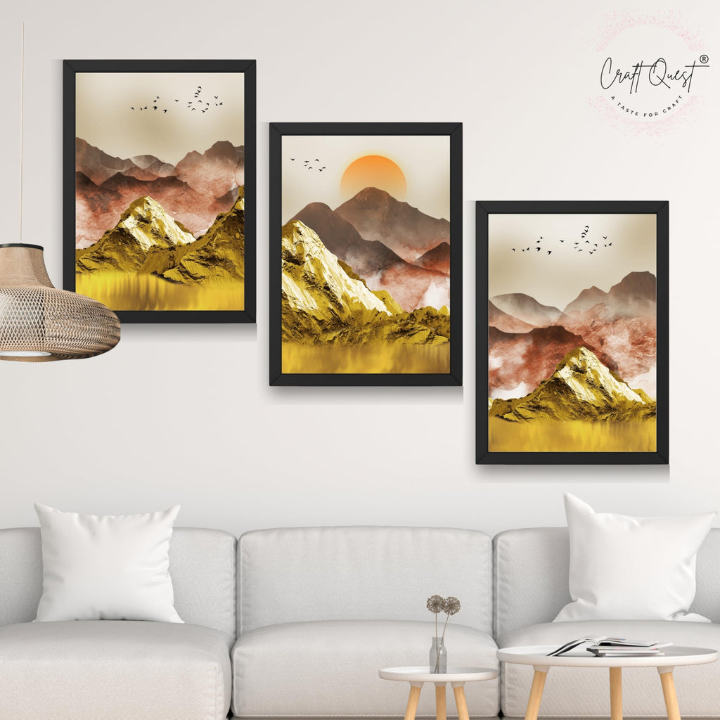 CRAFT QUEST Modern Art Mural Landscape Golden Mountains & Birds Wall Art | Set of 3 Frames for Home Decoration | Ideal for Living Room, Bedroom & Offices