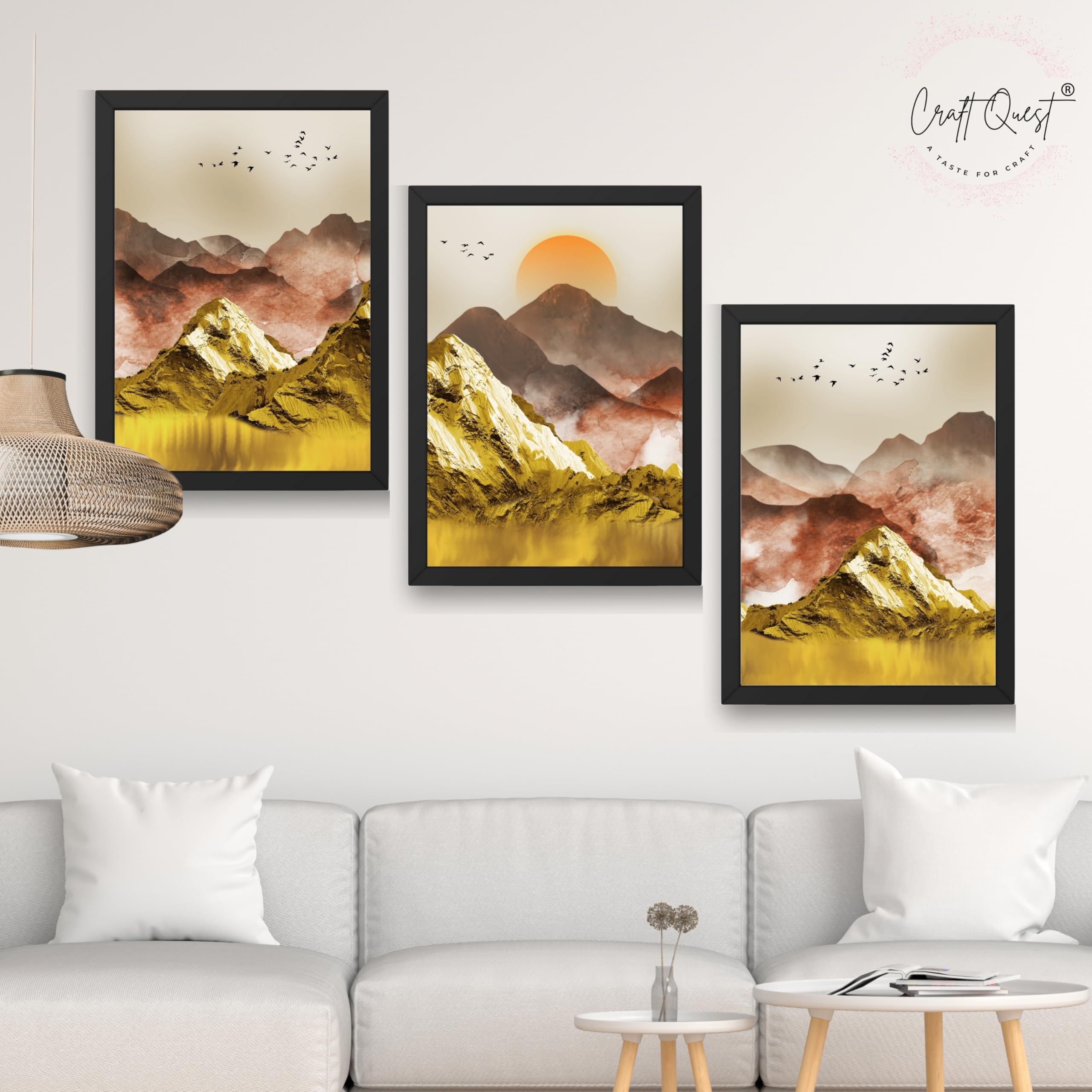 CRAFT QUEST Modern Art Mural Landscape Golden Mountains & Birds Wall Art | Set of 3 Frames for Home Decoration | Ideal for Living Room, Bedroom & Offices