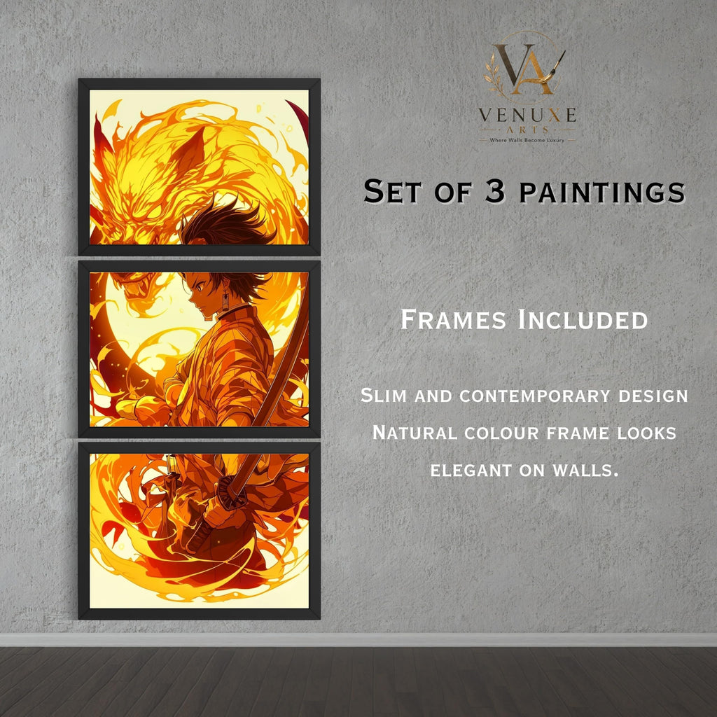 VENUXE ARTS Set Of 3 Anime Characters Wall Framed |Anime Characters Framed Poster for Living Room Bedroom Gaming Room Studio Wall Decor