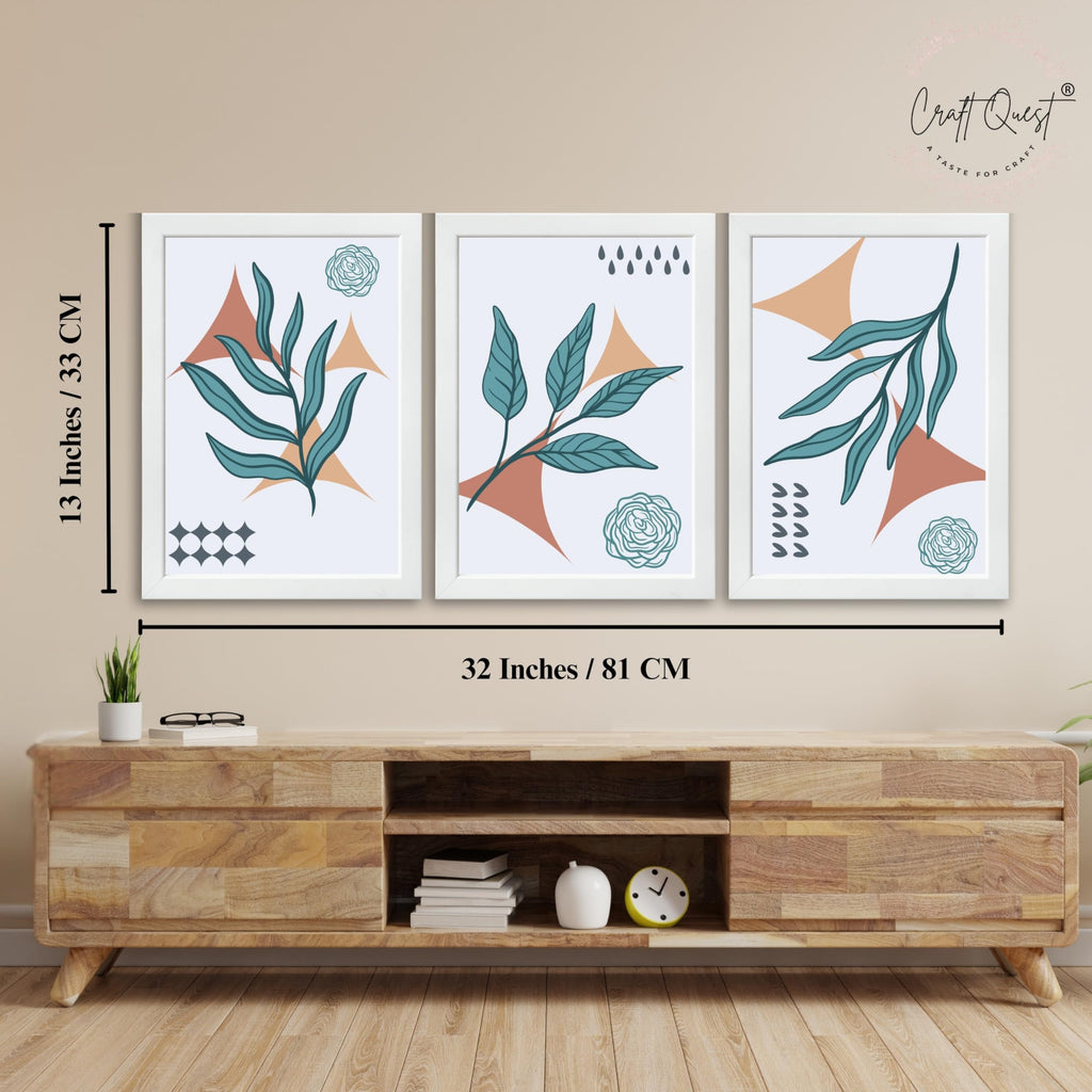 CRAFT QUEST Nature Inspired Botanical Wall Art Abstract Leaves Wall Art | Set of 3 Frames for Home Decoration | Ideal for Living Room, Bedroom & Office