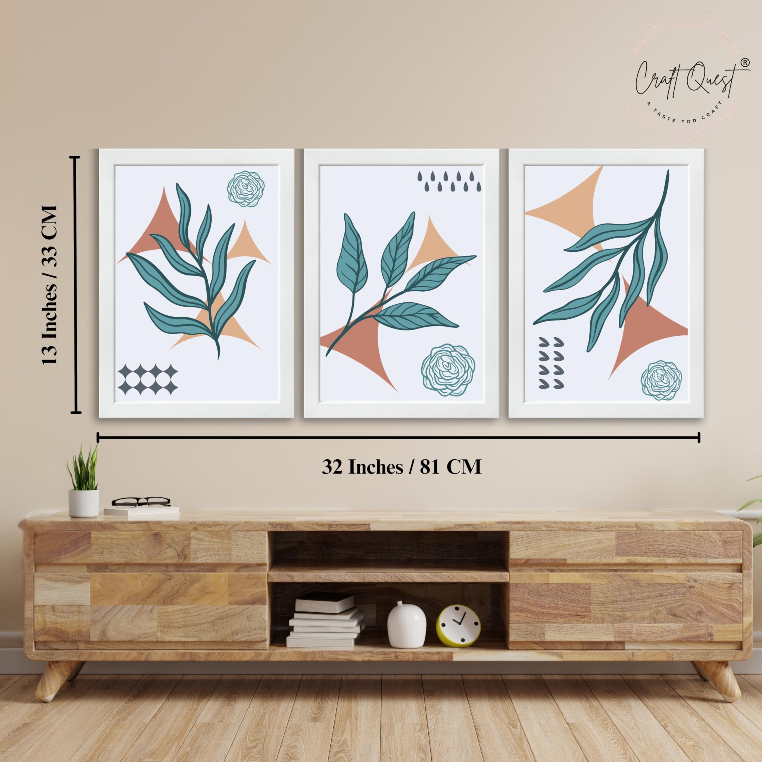 CRAFT QUEST Nature Inspired Botanical Wall Art Abstract Leaves Wall Art | Set of 3 Frames for Home Decoration | Ideal for Living Room, Bedroom & Office