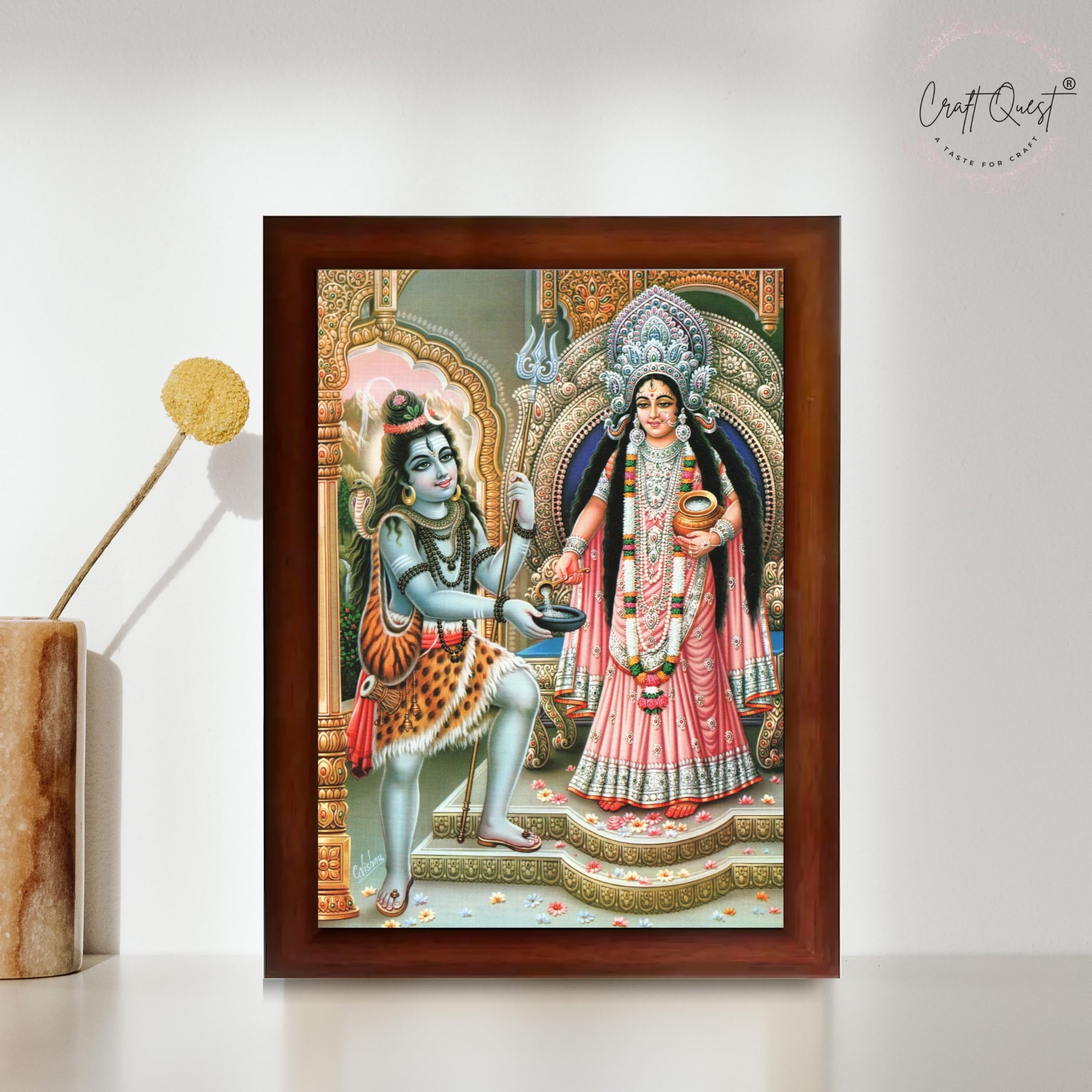 CRAFT QUEST Shiva & Maa Annapurna devi sitting on throne photo frame with Laminated Poster for Kitchen Worship