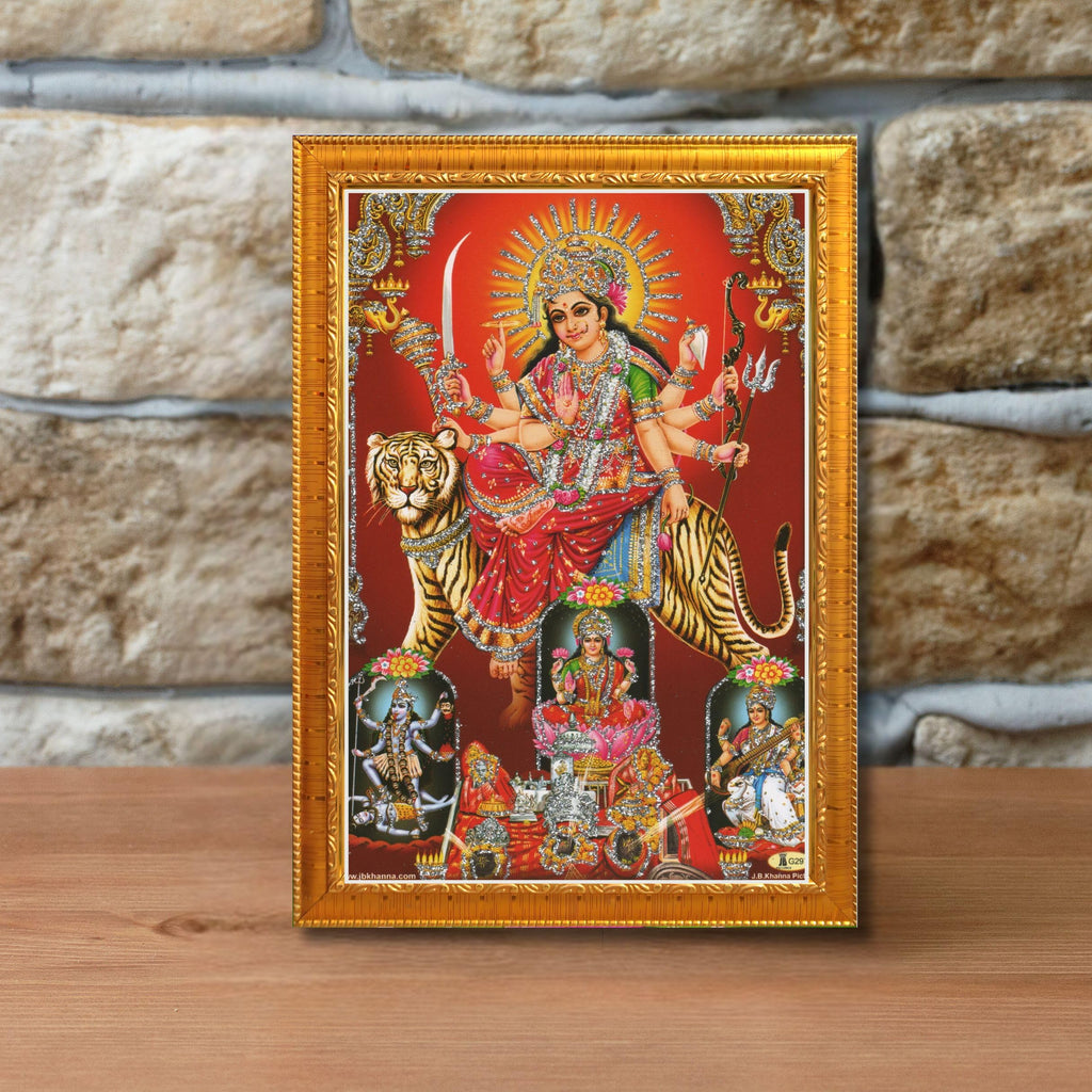 CRAFT QUEST Durga maa photo with Golden frame, God Religious Framed Painting (Small Size, 8 X 6 Inches) DURGA0608-207G