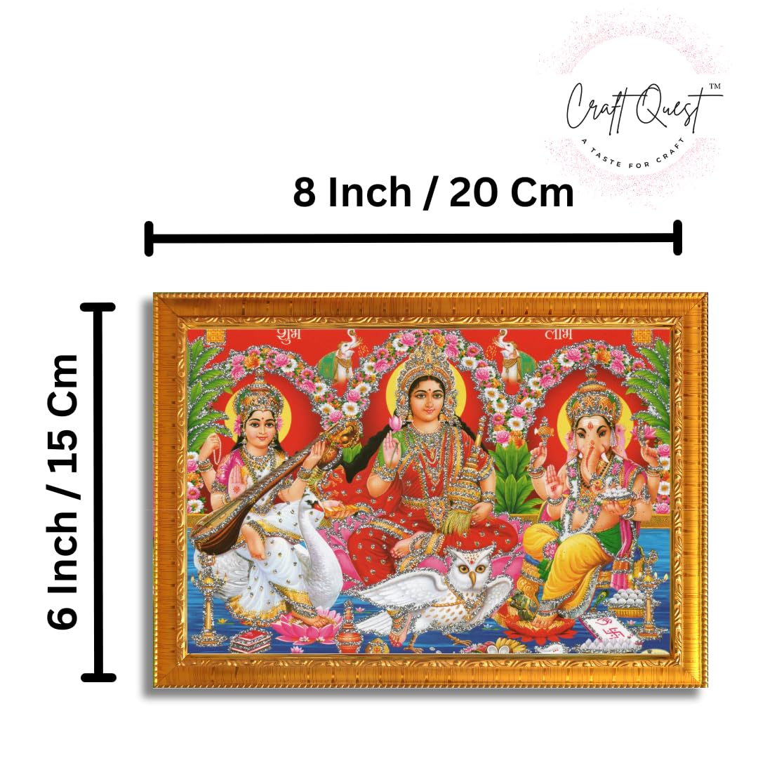 CRAFT QUEST Lakshmi Devi with ganesh ji and saraswati maa Wall Painting Frame Home Decor (Synthetic, Sparkle Finish, Golden, Small Size, 6 X 8 Inch)