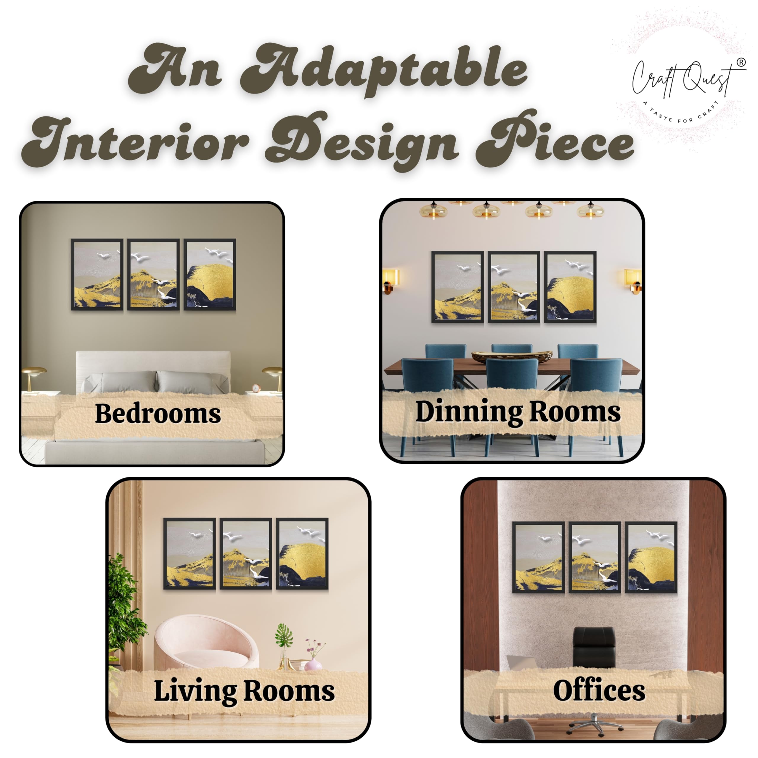 CRAFT QUEST Modern Art Abstract Porch Golden Wall Art | Set of 3 Frames for Home Decoration | Ideal for Living Room, Bedroom & Offices
