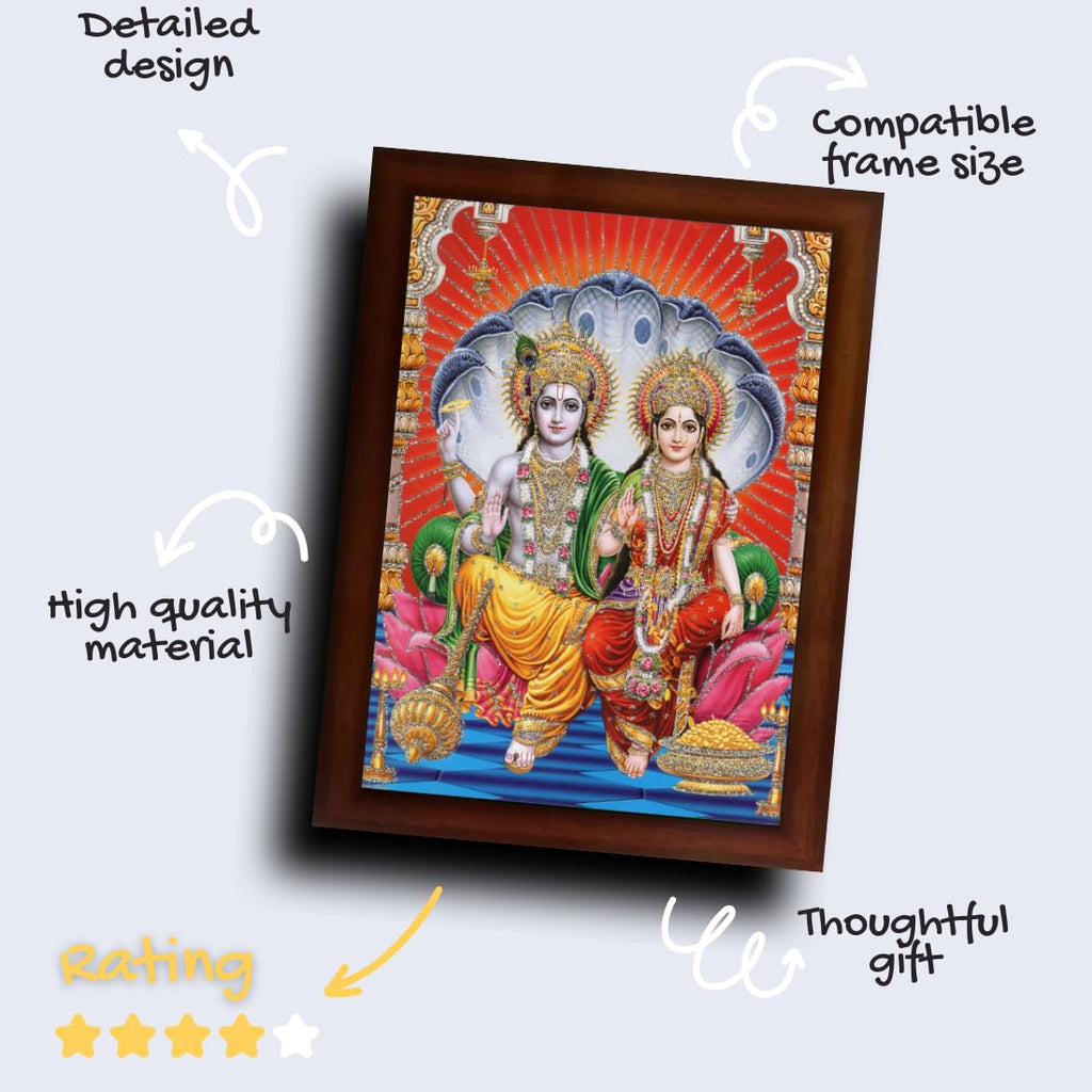 Craft Quest Lord Vishnu and Goddess Lakshmi Giving Blessing, Glitter Work Painting with Plane Brown Frame (14 X 10 Inches, Brown Wood)