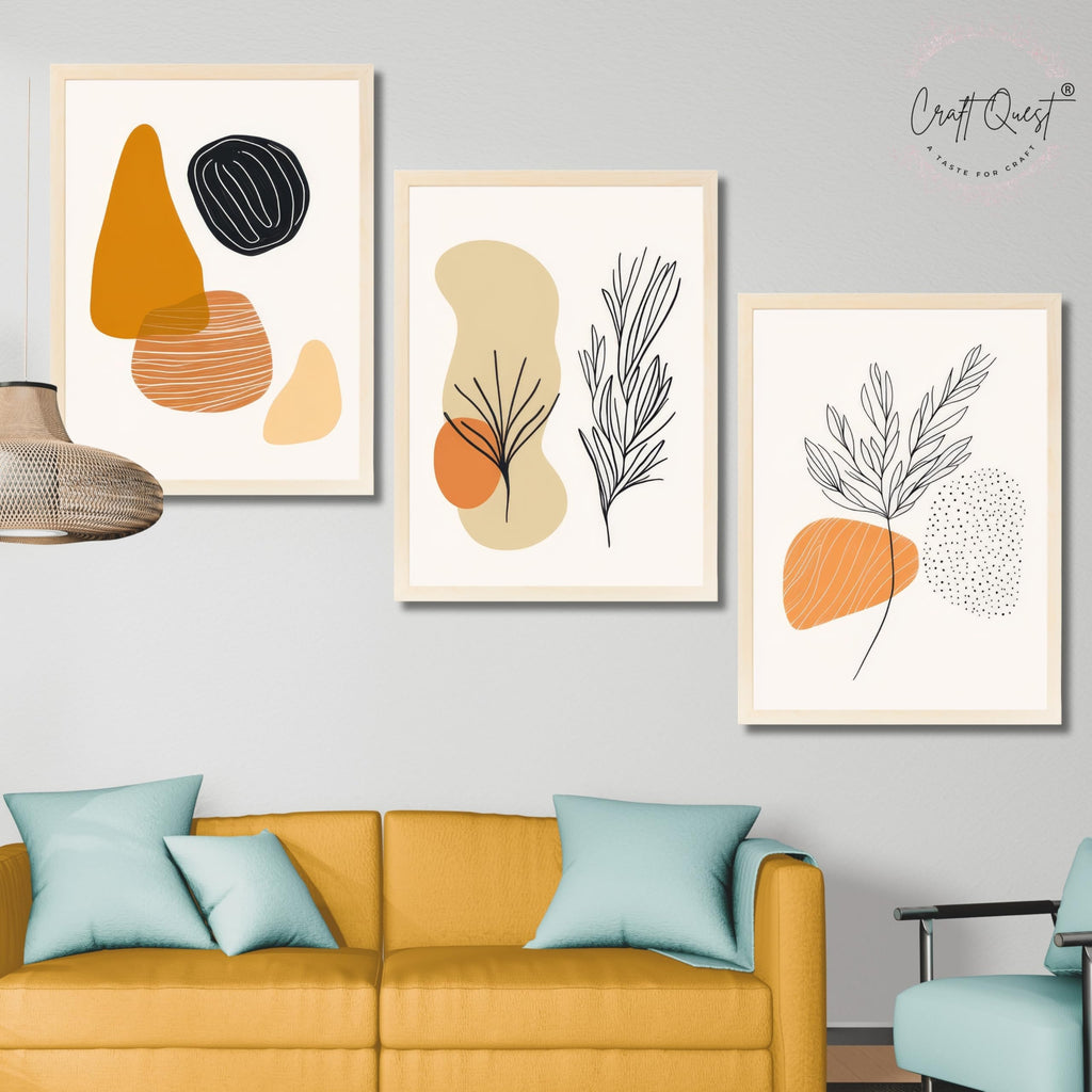 CRAFT QUEST Organic Abstract Line Art Modern Art | Set of 3 Frames for Home Decoration | Ideal for Living Room, Bedroom & Offices