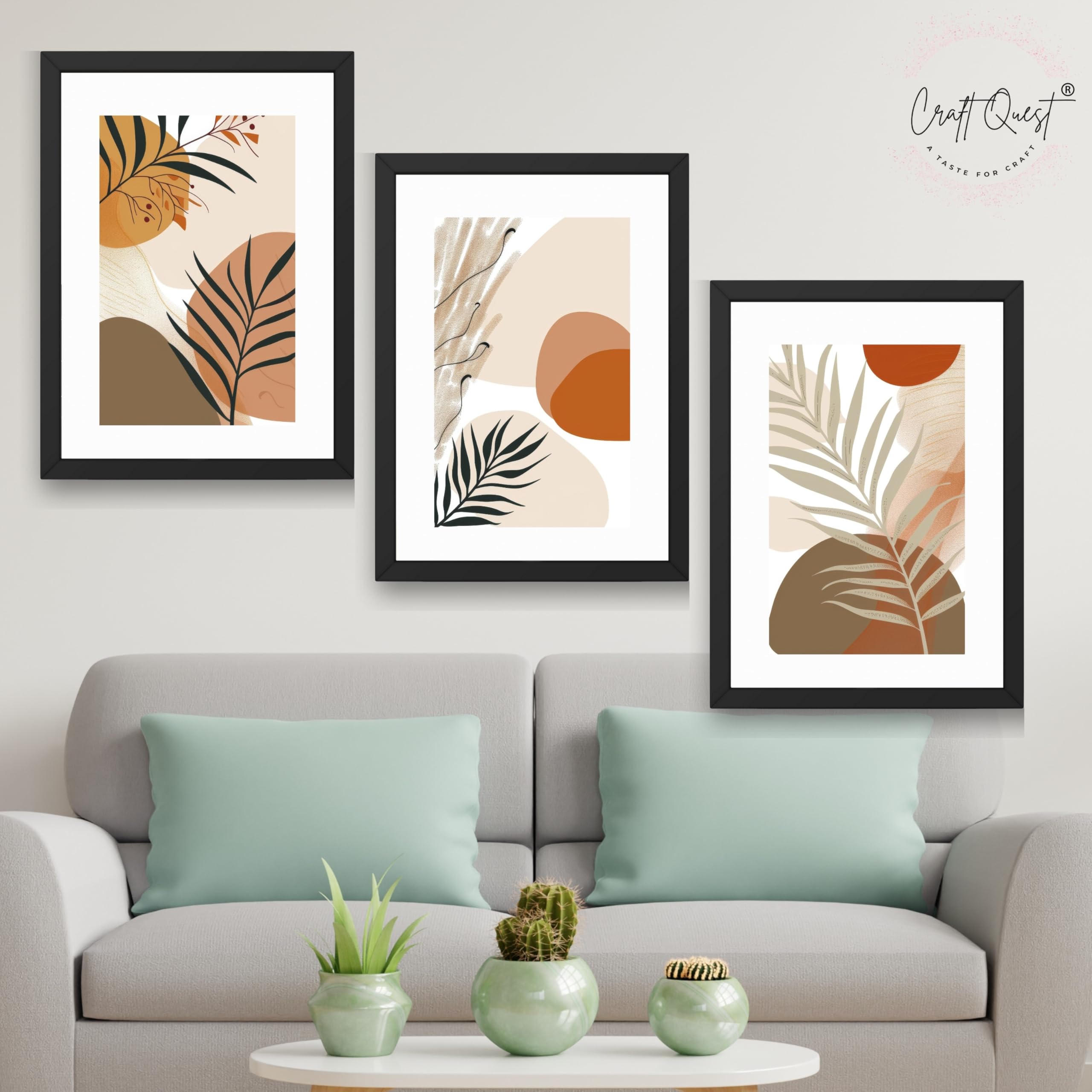 CRAFT QUEST Modern Abstract Featuring Stylized Plants | Set of 3 Frames for Home Decoration | Ideal for Living Room, Bedroom & Offices