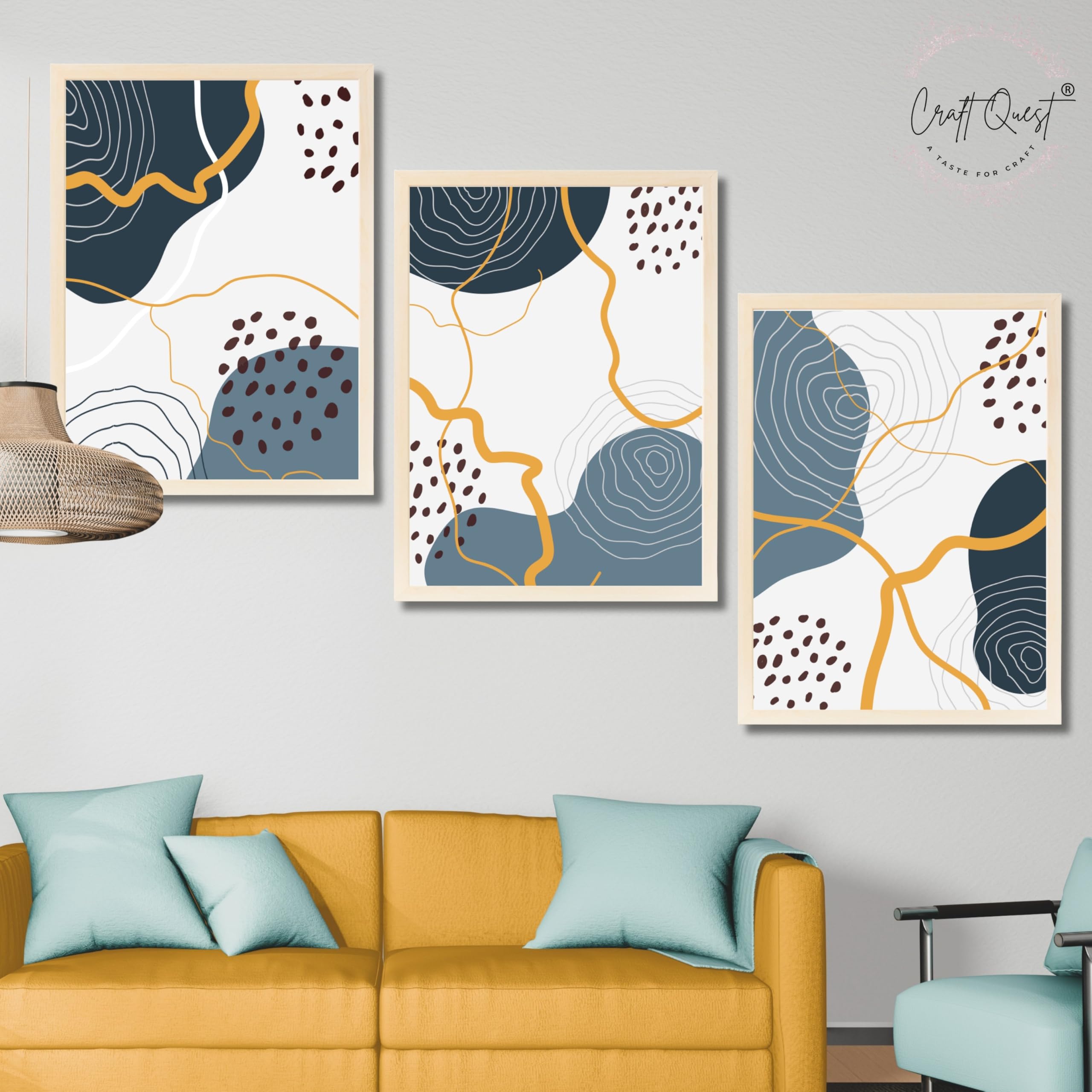 CRAFT QUEST Abstract Modern Shapes Wall Art | Set of 3 Frames for Home Decoration | Ideal for Living Room, Bedroom & Offices