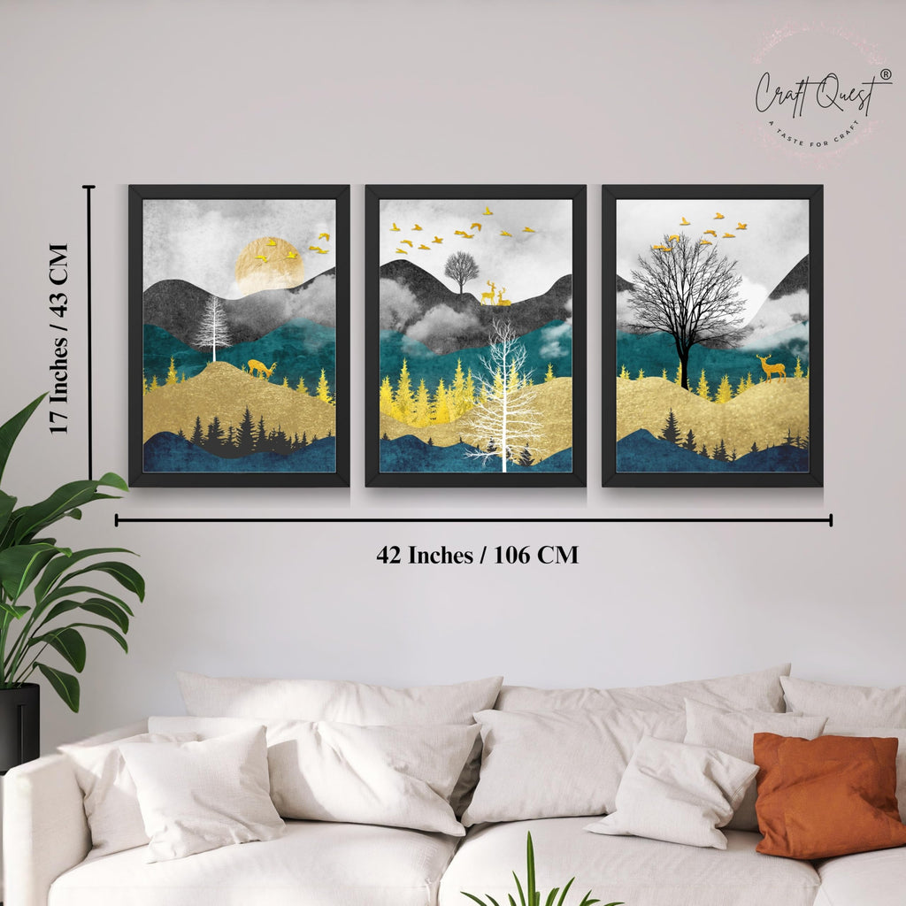 CRAFT QUEST Artistic Composed Abstract Geometric Gold Lines | Set of 3 Frames for Home Decoration | Ideal for Living Room, Bedroom & Offices