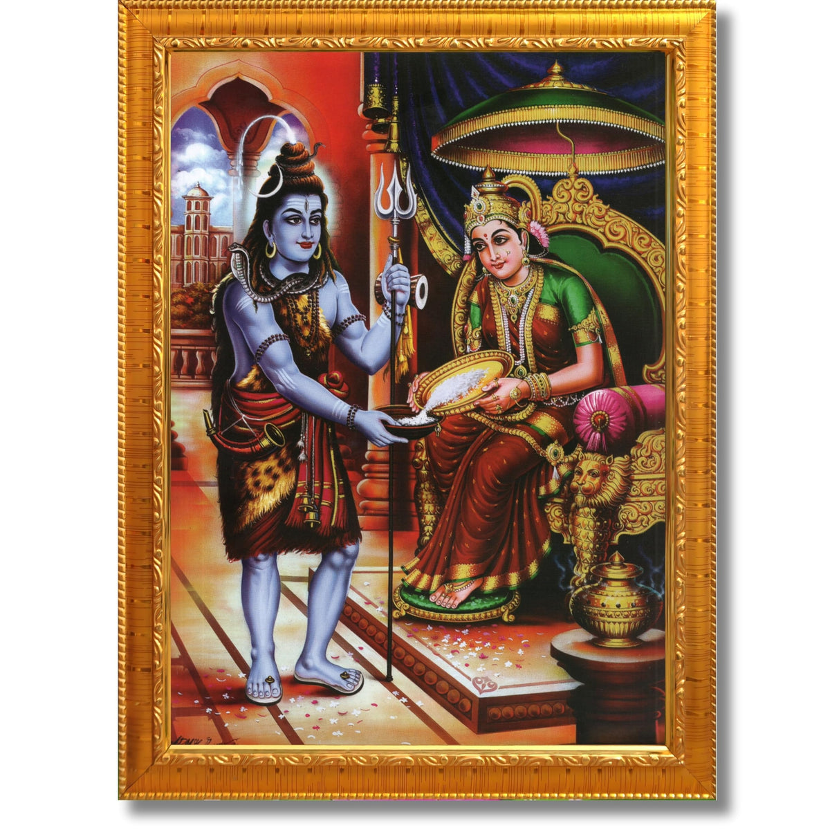 CRAFT QUEST Shiva & Maa Annapurna devi sitting on throne photo frame with Acrylic Glass for Kitchen, Food & Prosperity Blessing Hindu Wall Decor