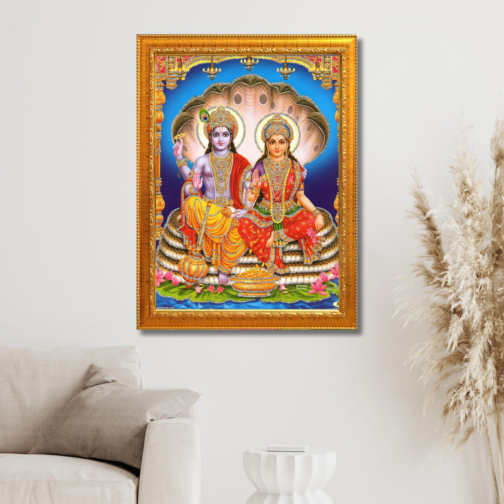 CRAFT QUEST Lord Vishnu and Goddess Lakshmi Giving Blessing on Shesh naag Glitter Painting with Golden Synthetic Frame