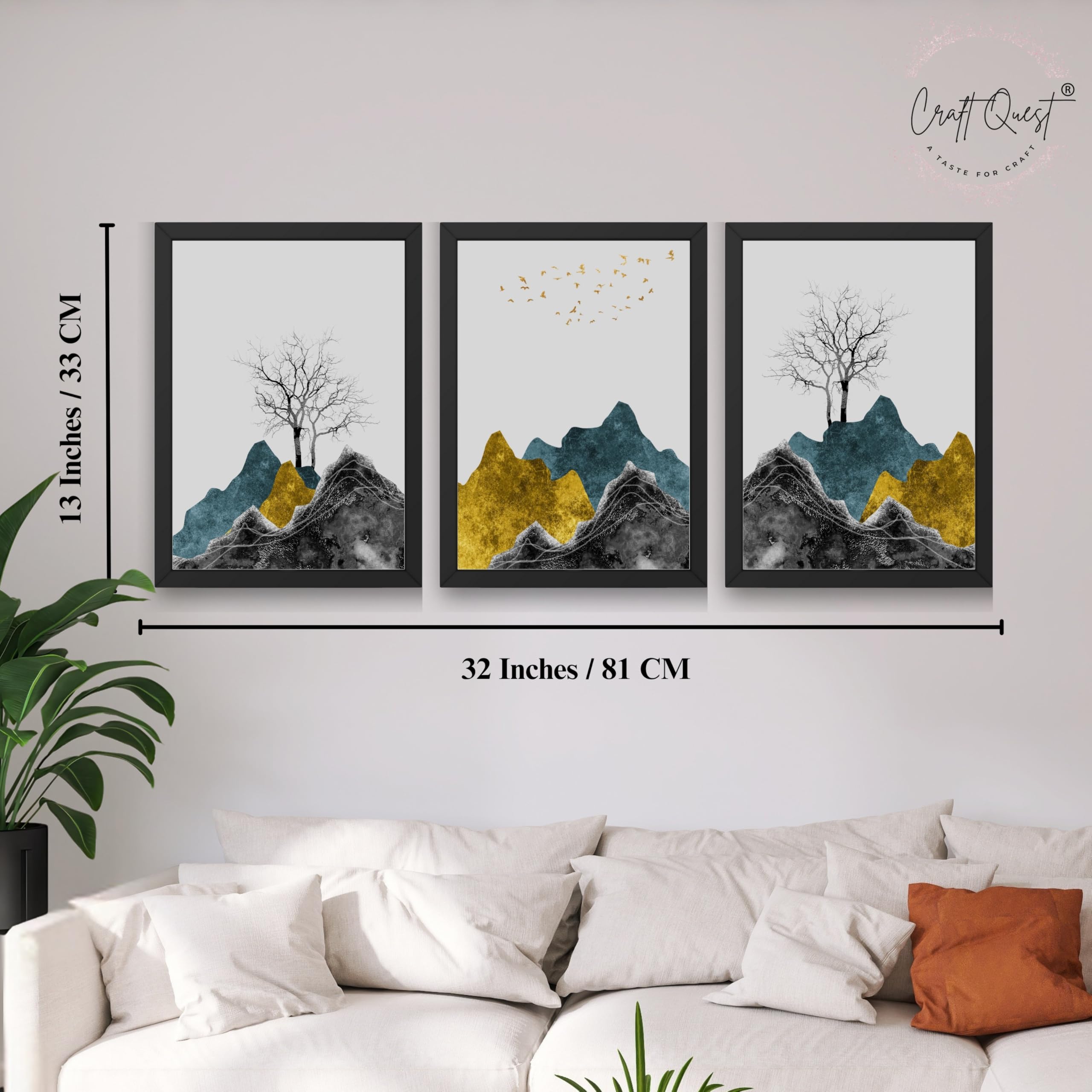 CRAFT QUEST Chinese Landscape Abstract Art Modern Art | Set of 3 Frames for Home Decoration | Ideal for Living Room, Bedroom & Offices