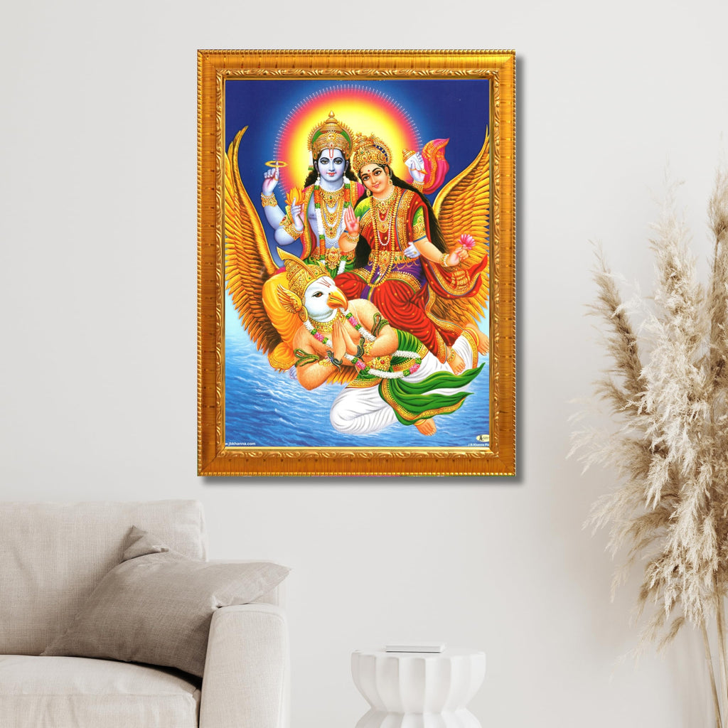 CRAFT QUEST Lord Vishnu and Goddess Lakshmi Giving Blessing on Garud Jii, Glitter Work Painting wooden framed