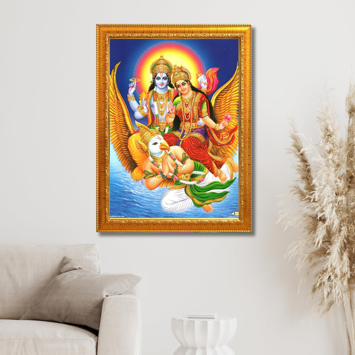 CRAFT QUEST Lord Vishnu and Goddess Lakshmi Giving Blessing on Garud Jii, Glitter Work Painting wooden framed