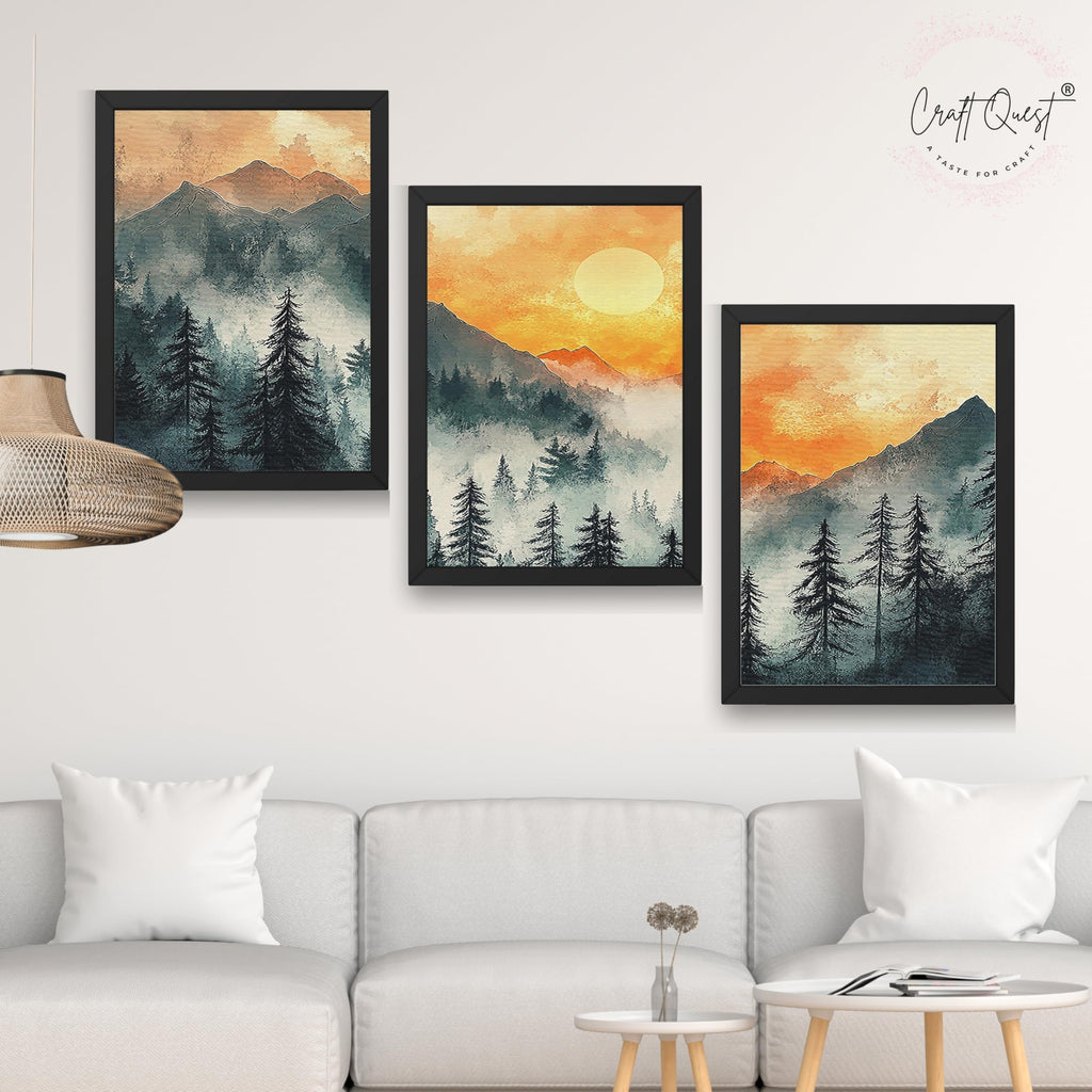 CRAFT QUEST Nature Inspired Paintings With Trees & Mountains Wall Art | Set of 3 Frames for Home Decoration | Ideal for Living Room, Bedroom & Office