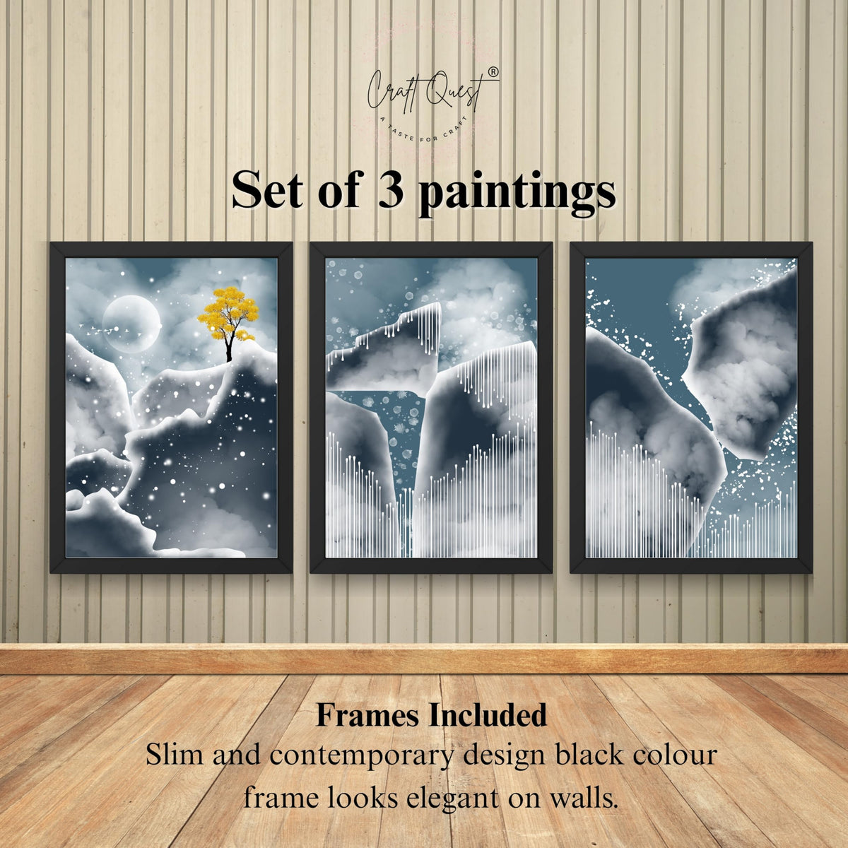 CRAFT QUEST Modern Art Abstract Blue Landscape Wall Art | Set of 3 Frames for Home Decoration | Ideal for Living Room, Bedroom & Offices