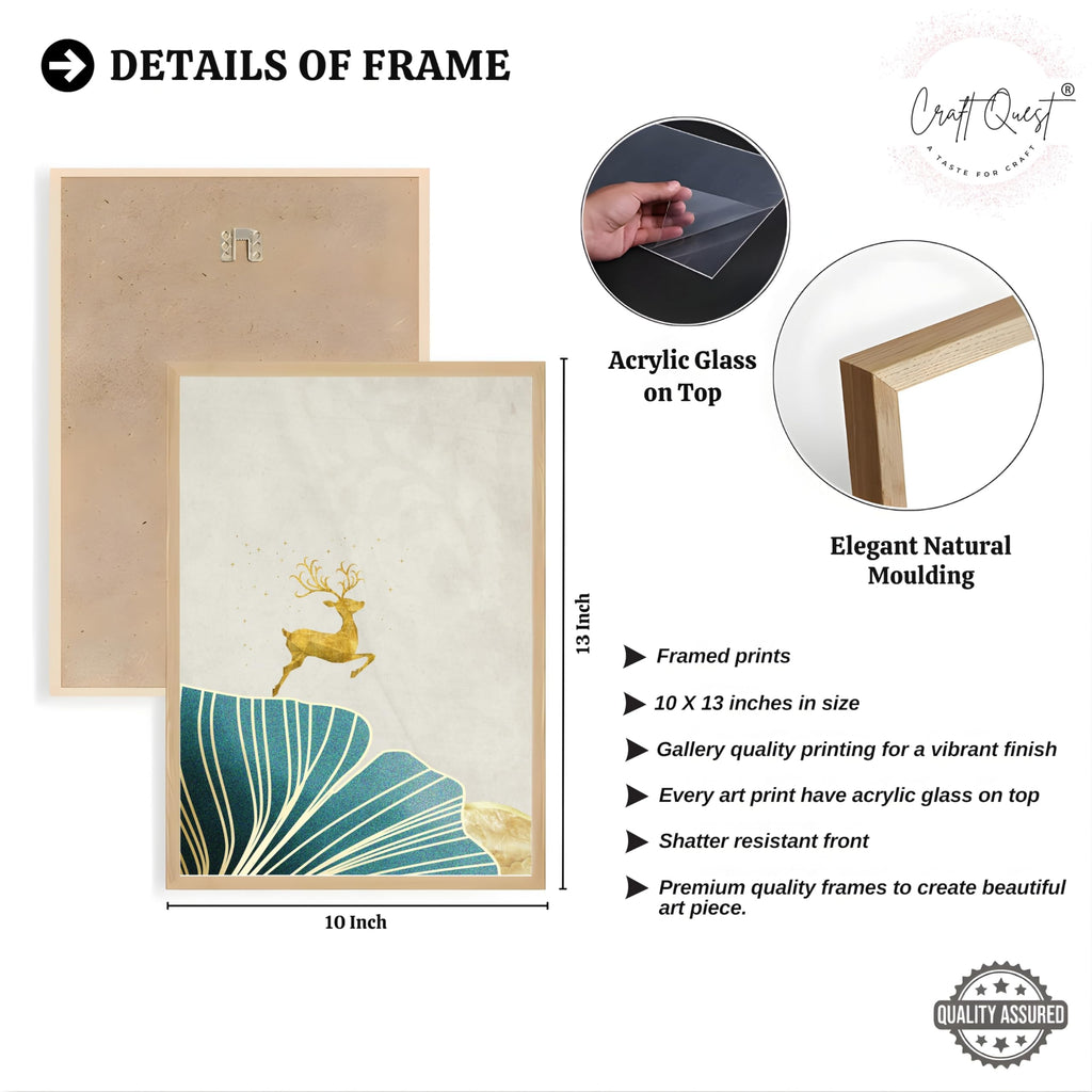 CRAFT QUEST Modern Art Landscape Of Golden Tree & Deer Wall Art | Set of 3 Frames for Home Decoration | Ideal for Living Room, Bedroom & Offices