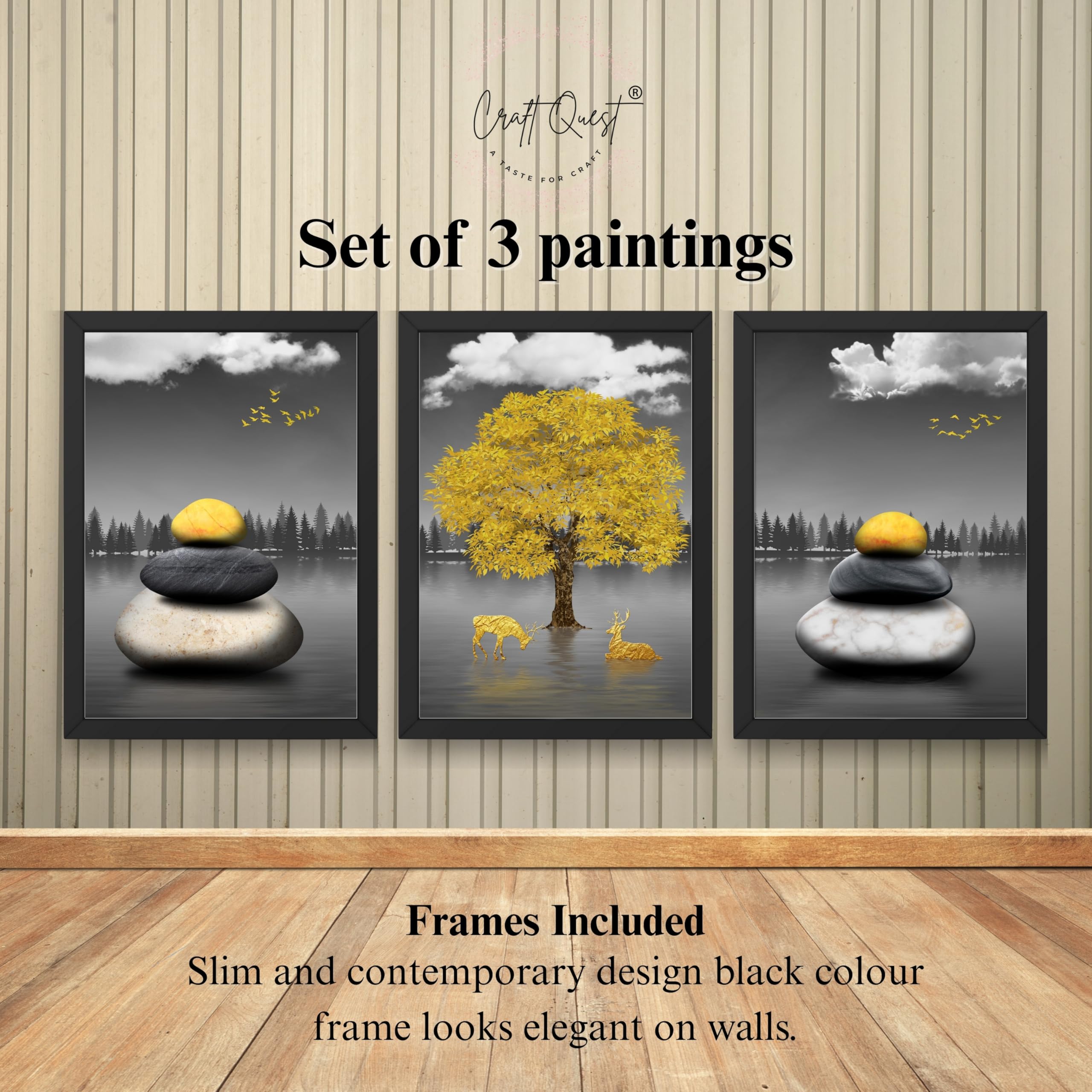 CRAFT QUEST Modern Art Geometric Landscapes Wall Art | Set of 3 Frames for Home Decoration | Ideal for Living Room, Bedroom & Offices