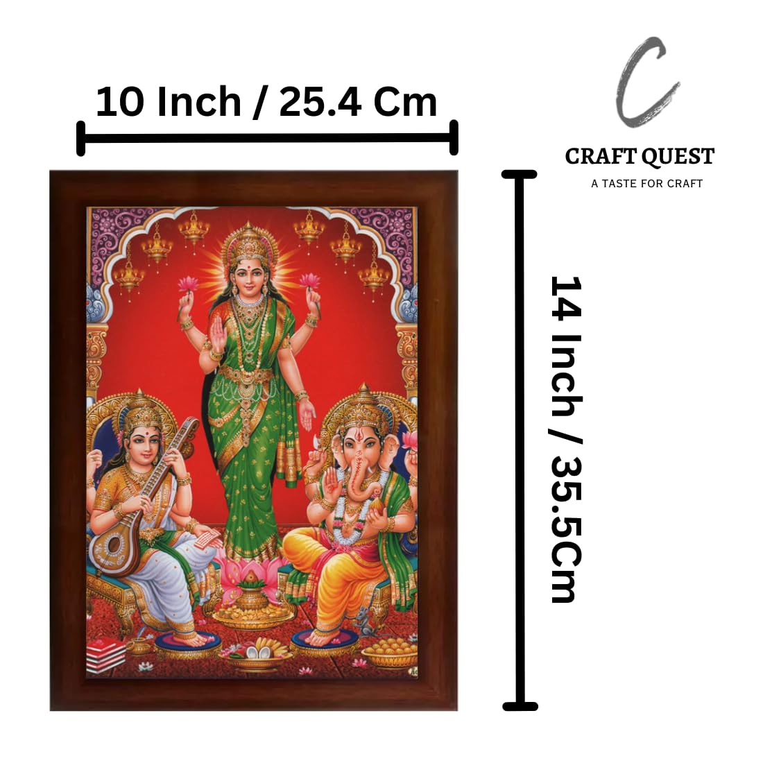 CRAFT QUEST Standing Lakshmi Jii with ganesh ji and saraswati maa Wall Painting Frame for Shop or Business (Synthetic, Matte Finish, Brown, Large Size, 14 X 10 Inch)