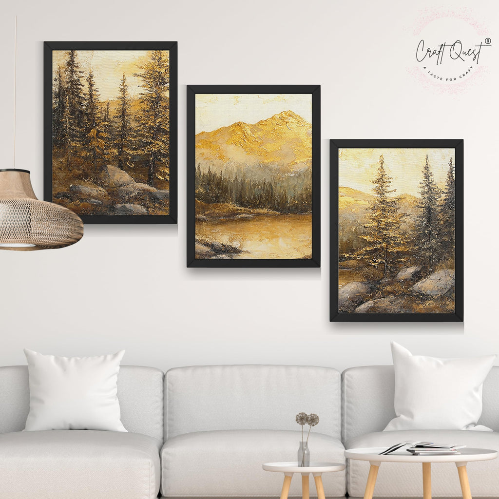 CRAFT QUEST Nature Inspired Painting Of Mountain With Trees Wall Art | Set of 3 Frames for Home Decoration | Ideal for Living Room, Bedroom & Office