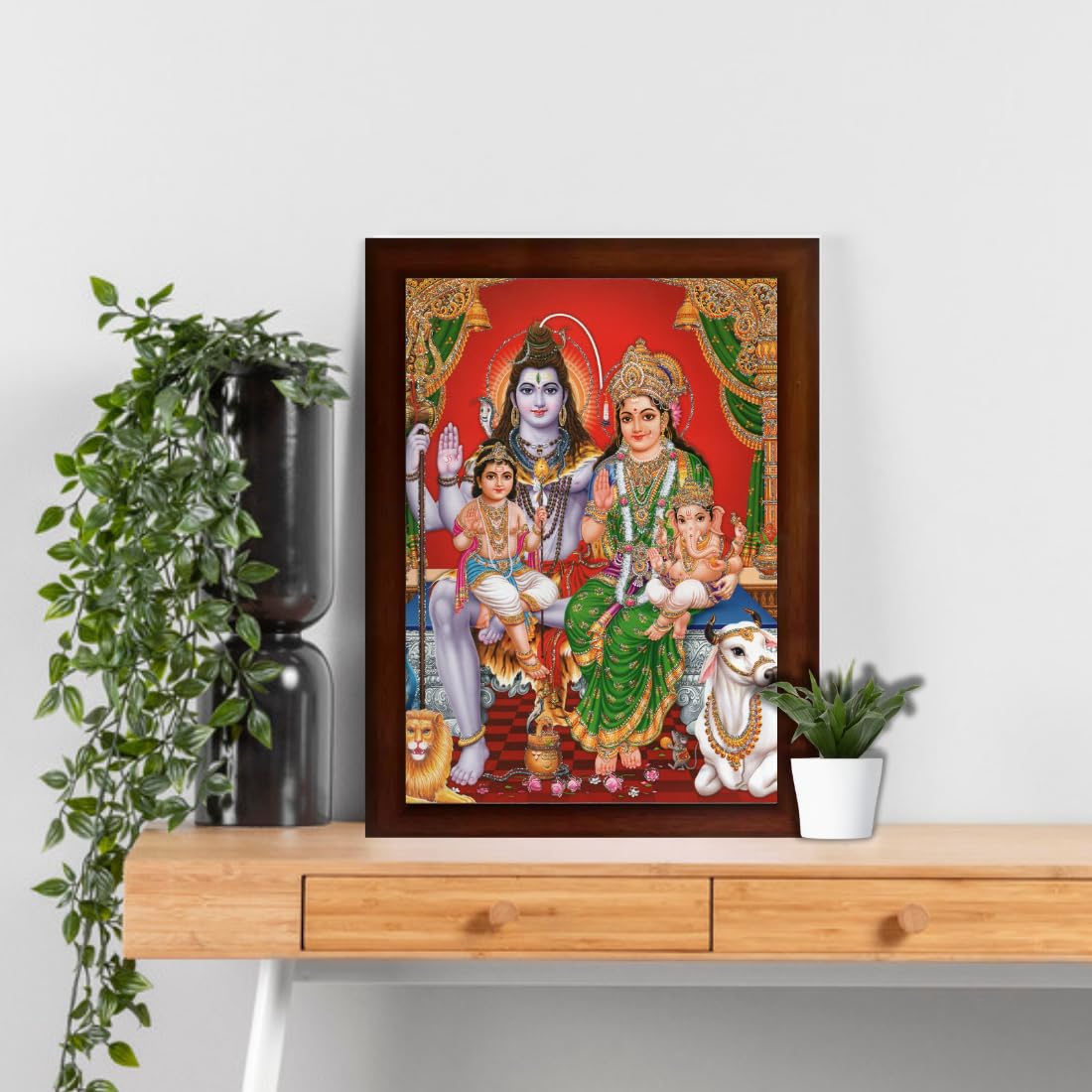 Craft Quest Shiv Parivar (Shiv Shankar, Maa Parvati, Ganesh and Kartikey) Religious Synthetic Photo Frame Sparkle Coated for Pooja (10 X 14 inch, Multicolour)