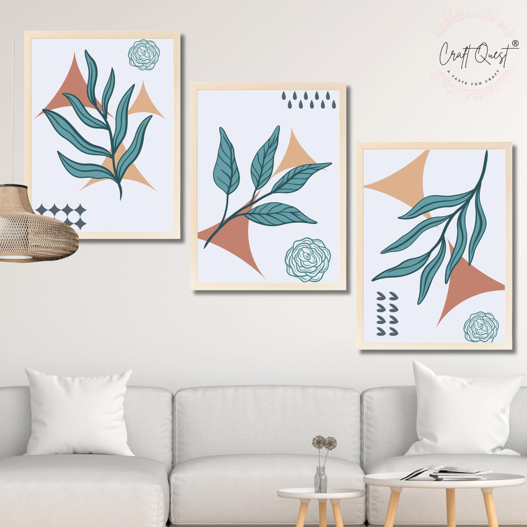 CRAFT QUEST Nature Inspired Botanical Wall Art Abstract Leaves Wall Art | Set of 3 Frames for Home Decoration | Ideal for Living Room, Bedroom & Office