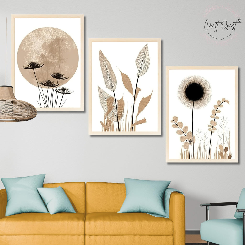 CRAFT QUEST Boho Minimalist Abstract Wall Art | Set of 3 Frames for Home Decoration | Ideal for Living Room, Bedroom & Offices