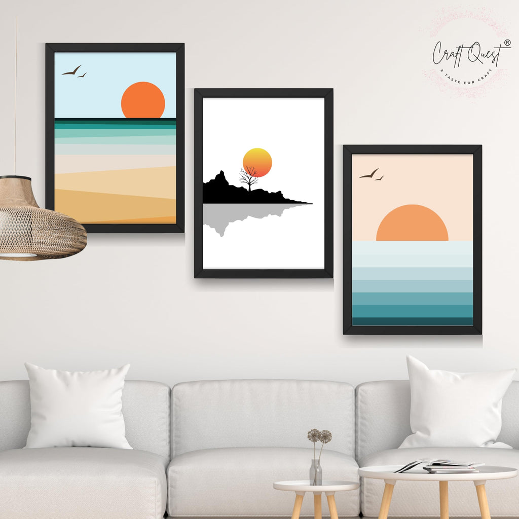 CRAFT QUEST Nature Inspired Abstract Of Sunset Wall Art | Set of 3 Frames for Home Decoration | Ideal for Living Room, Bedroom & Offices