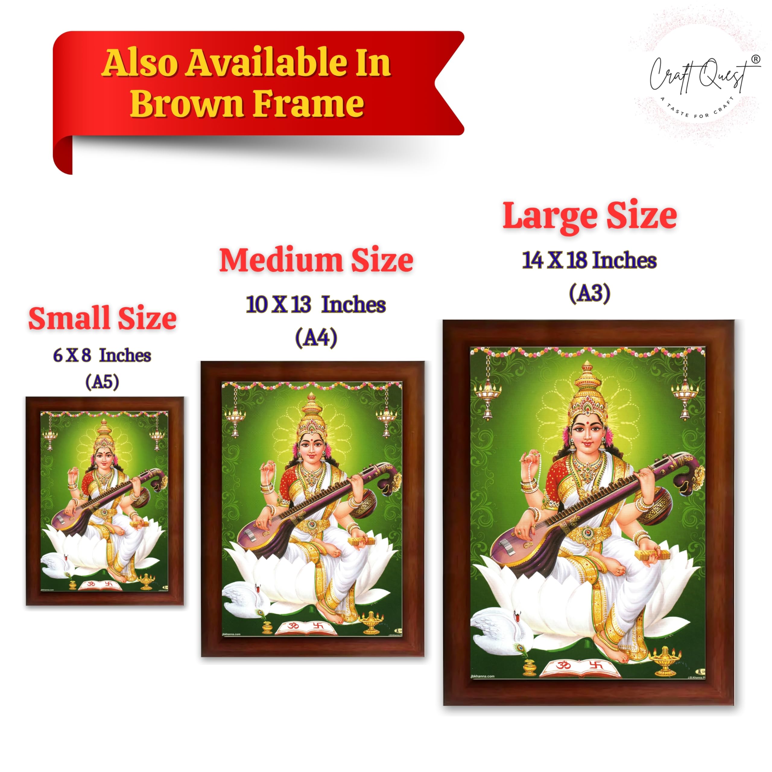 CRAFT QUEST Saraswati Devi Goddess Saraswathi Maa Wall Painting Sparkle Coated Framed Home Décor