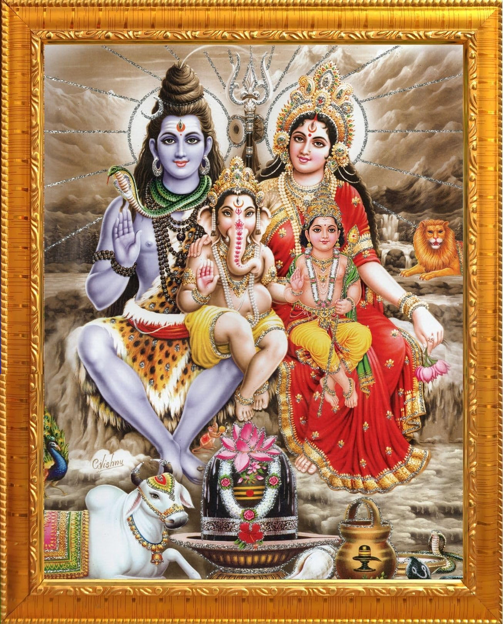 CRAFT QUEST Shiv Parivar Religious Wood Photo Frame with Acrylic glass (Photoframe,Golden, 7 X 9 inch)