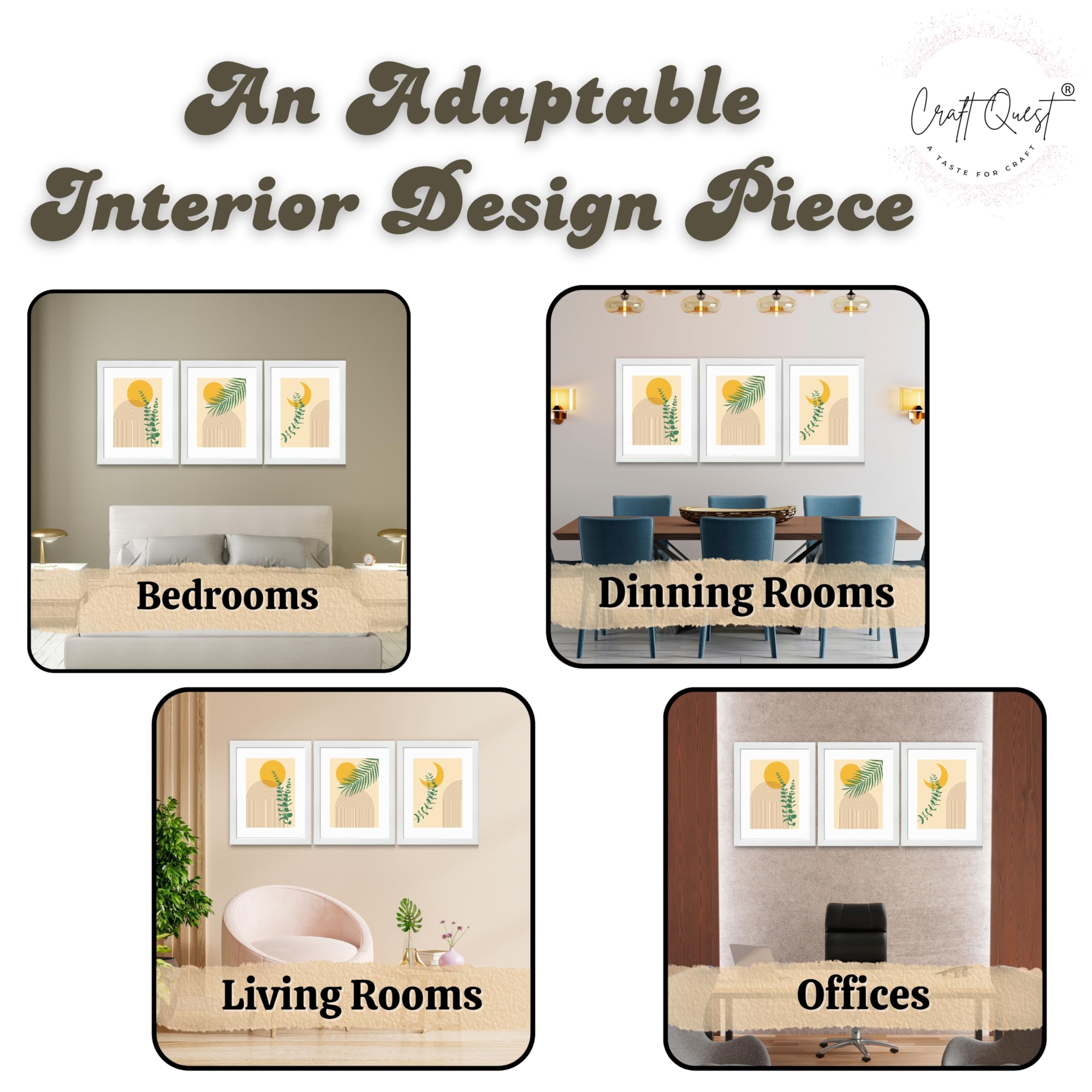 CRAFT QUEST Wall Art Decor Paintings | Set of 3 BOHO Wall Art Frames for Home Decoration | Ideal for Living Room, Bedroom & Office