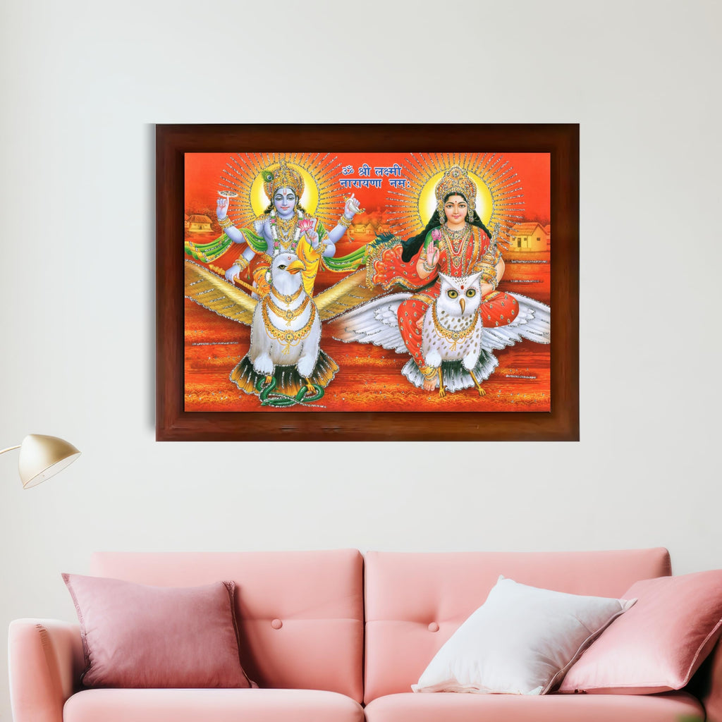 CRAFT QUEST Lord Vishnu and Goddess Lakshmi Giving Blessing on Garud Jii, Glitter Work Painting wooden frame