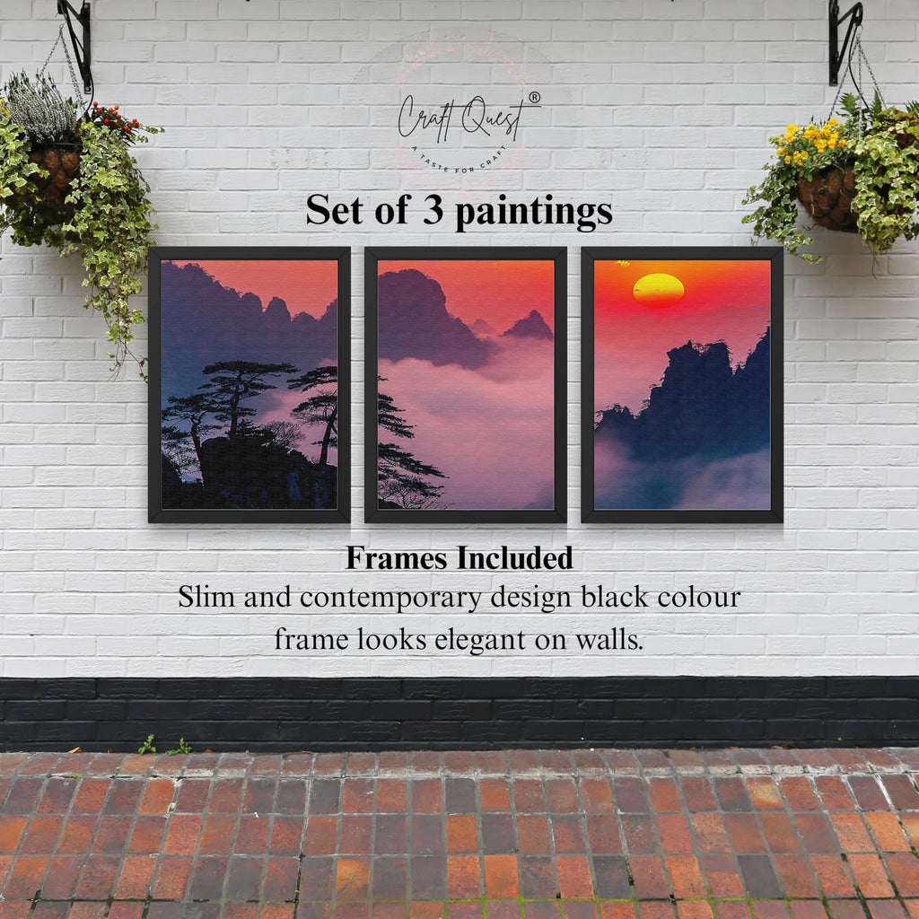 CRAFT QUEST Nature Inspired Mountains & Clouds Wall Art | Set of 3 Frames for Home Decoration | Ideal for Living Room, Bedroom & Offices