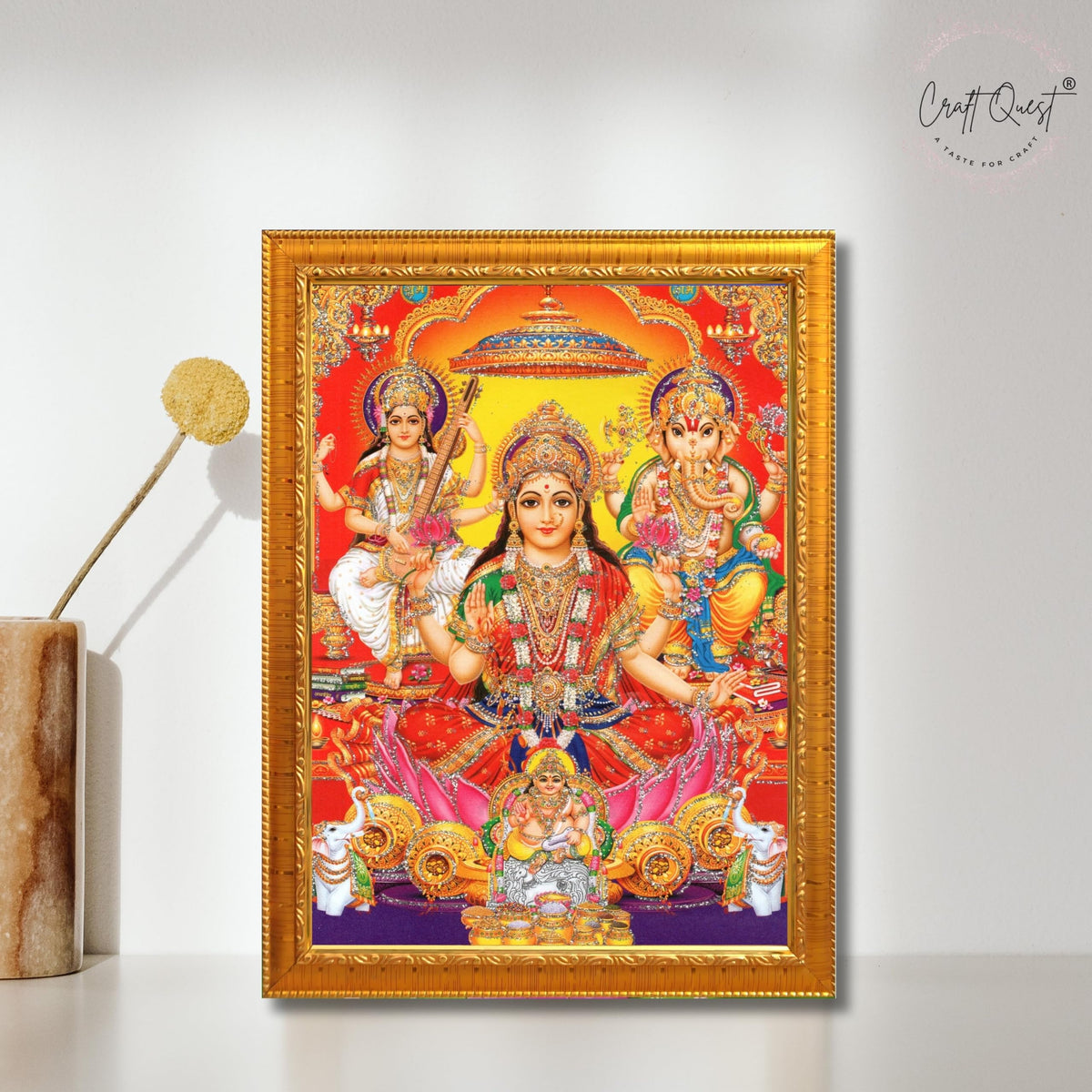 CRAFT QUEST Goddess Laxmi Ganesh Saraswati Religious God Hindu Photo Frame for Diwali,Temple, Pooja, Living Room Home and Decor Item