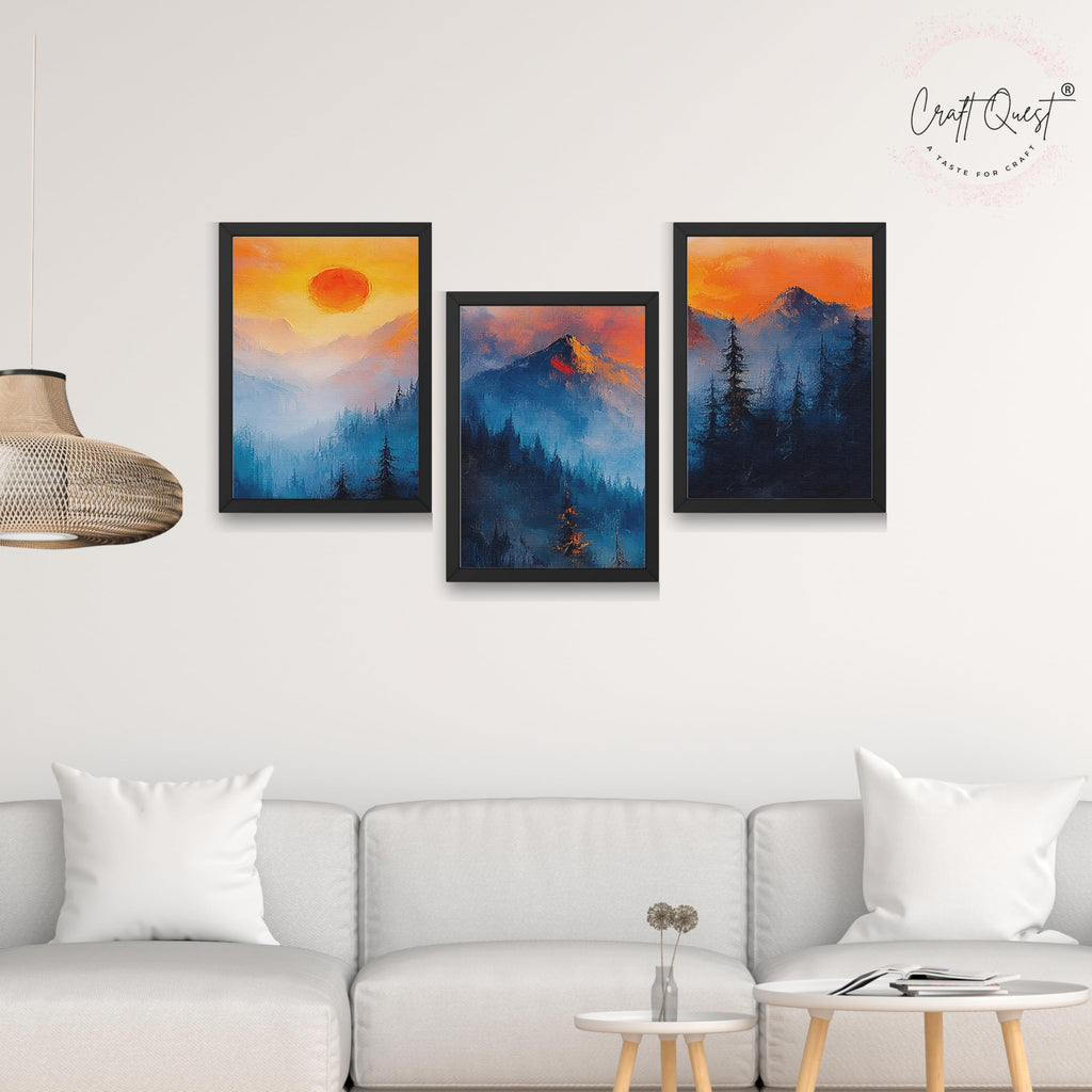 CRAFT QUEST Nature Inspired Landscape With Trees & Mountains Wall Art | Set of 3 Frames for Home Decoration | Ideal for Living Room, Bedroom & Offices