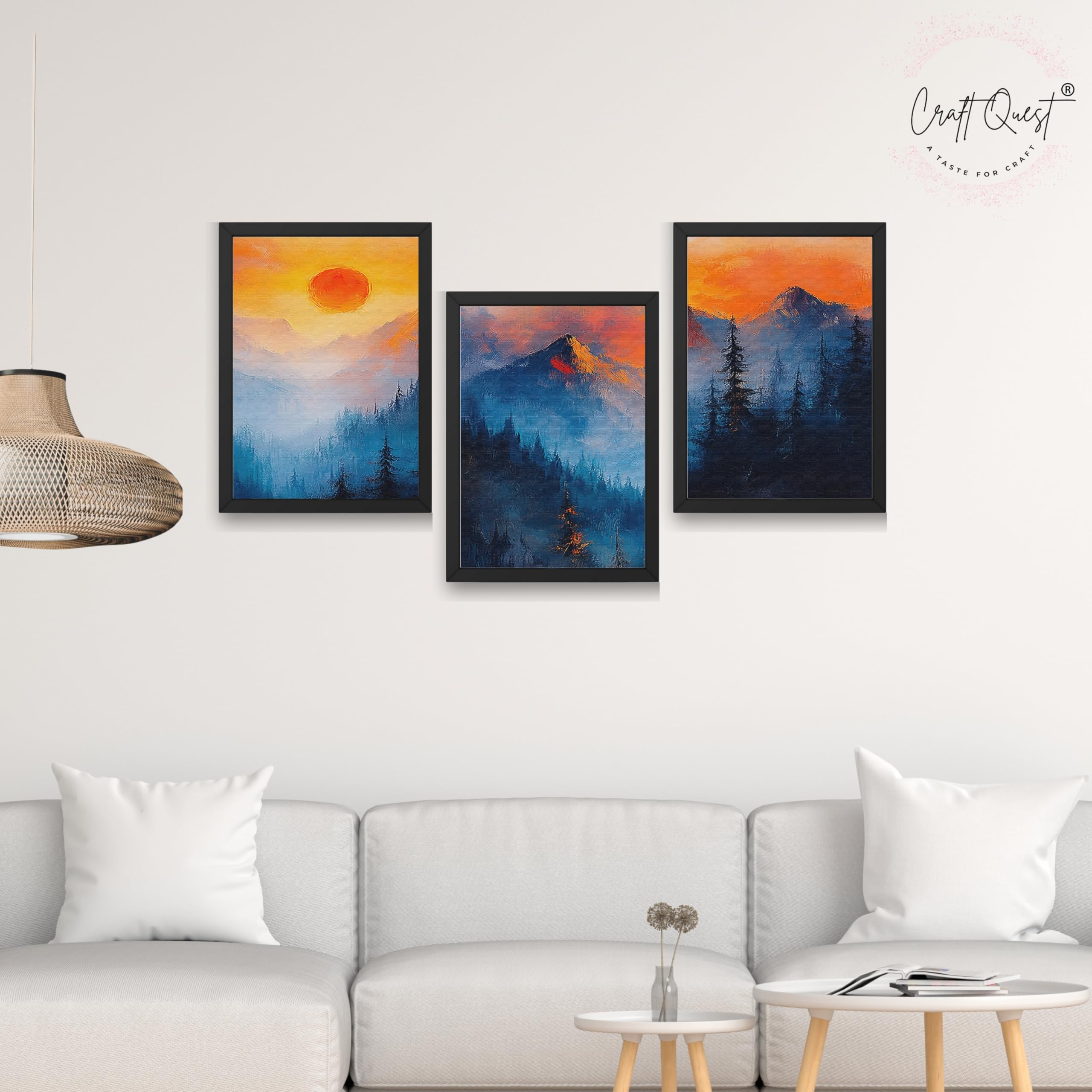CRAFT QUEST Nature Inspired Landscape With Trees & Mountains Wall Art | Set of 3 Frames for Home Decoration | Ideal for Living Room, Bedroom & Offices