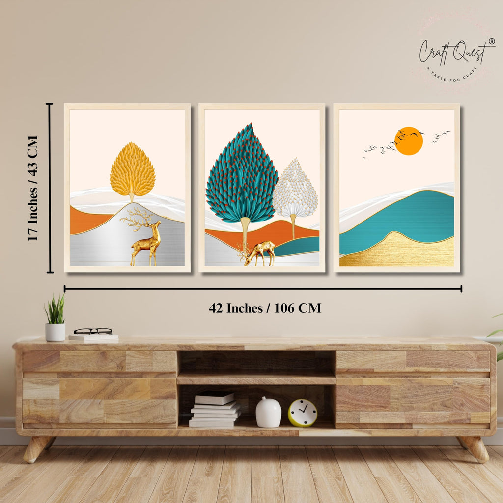 CRAFT QUEST Modern Art Landscapes Sanlian Adornment Abstract Wall Art | Set of 3 Frames for Home Decoration | Ideal for Living Room, Bedroom & Offices