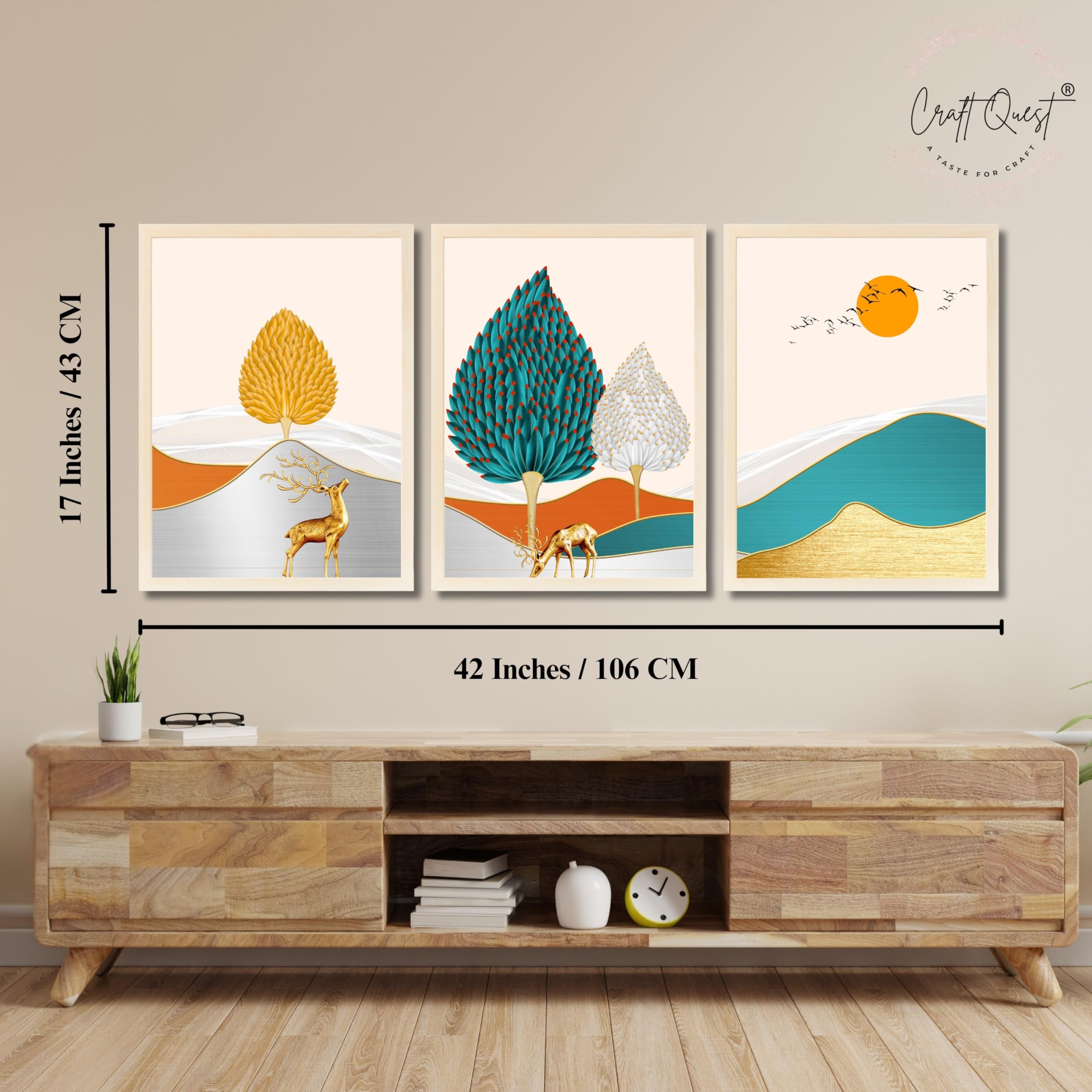 CRAFT QUEST Modern Art Landscapes Sanlian Adornment Abstract Wall Art | Set of 3 Frames for Home Decoration | Ideal for Living Room, Bedroom & Offices