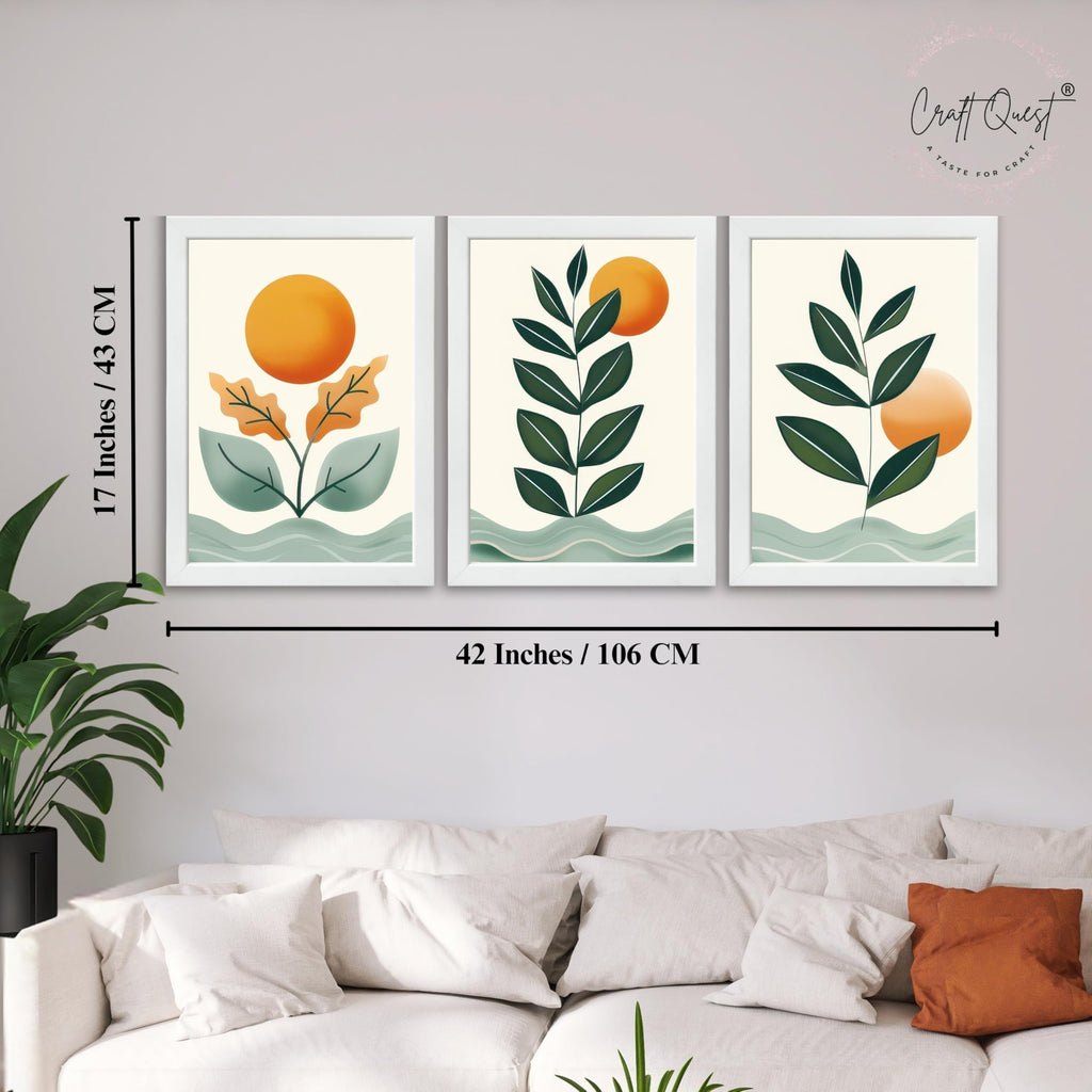 CRAFT QUEST Nature Inspired Sun & Moon Modern Boho Wall Art | Set of 3 Frames for Home Decoration | Ideal for Living Room, Bedroom & Offices