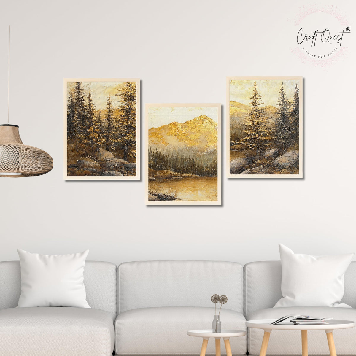 CRAFT QUEST Nature Inspired Painting Of Mountain With Trees Wall Art | Set of 3 Frames for Home Decoration | Ideal for Living Room, Bedroom & Office