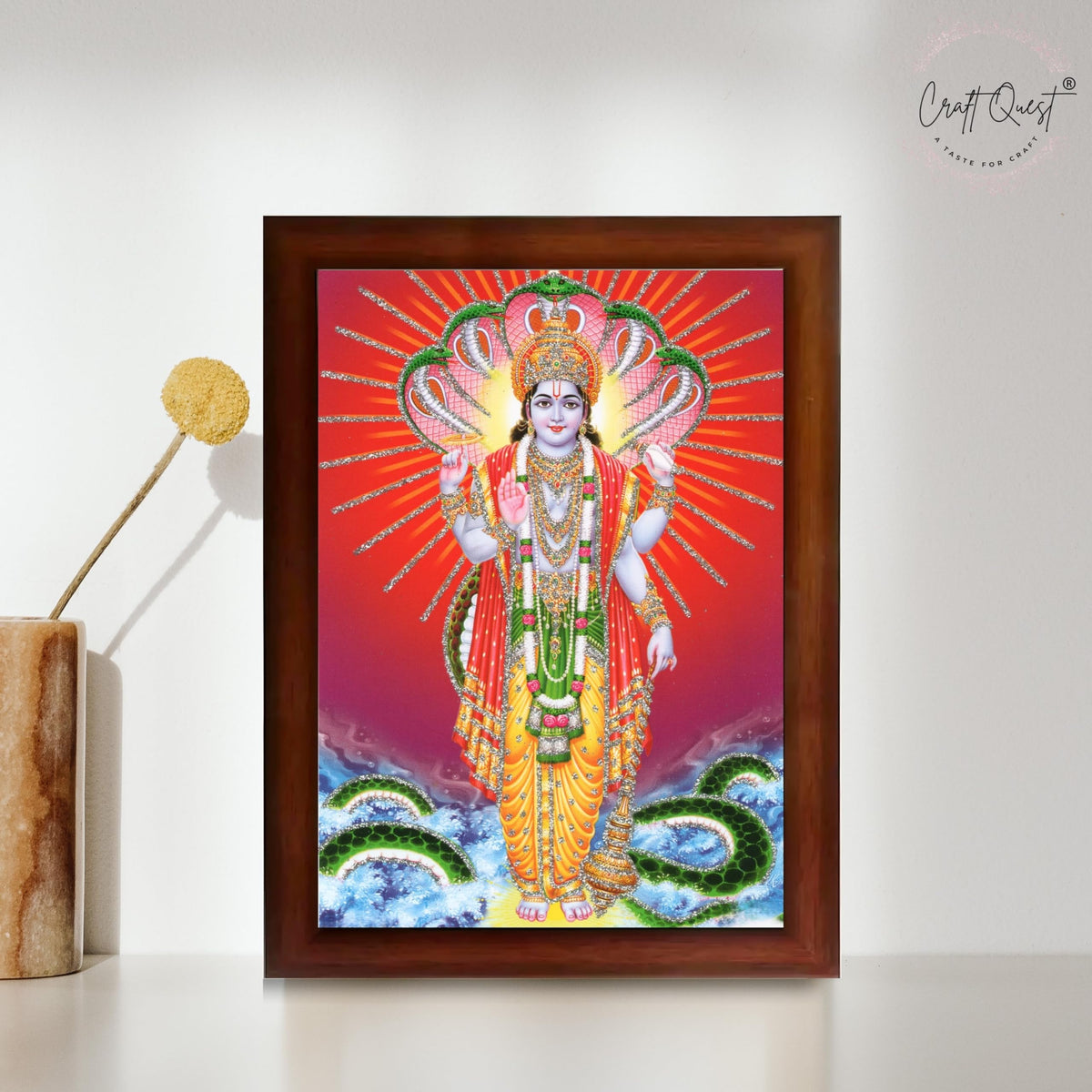 CRAFT QUEST Lord Vishnu Bhagwan Narayan Murti Mahavishnu Wall Painting Framed Home Décor, Religious Photo Frame