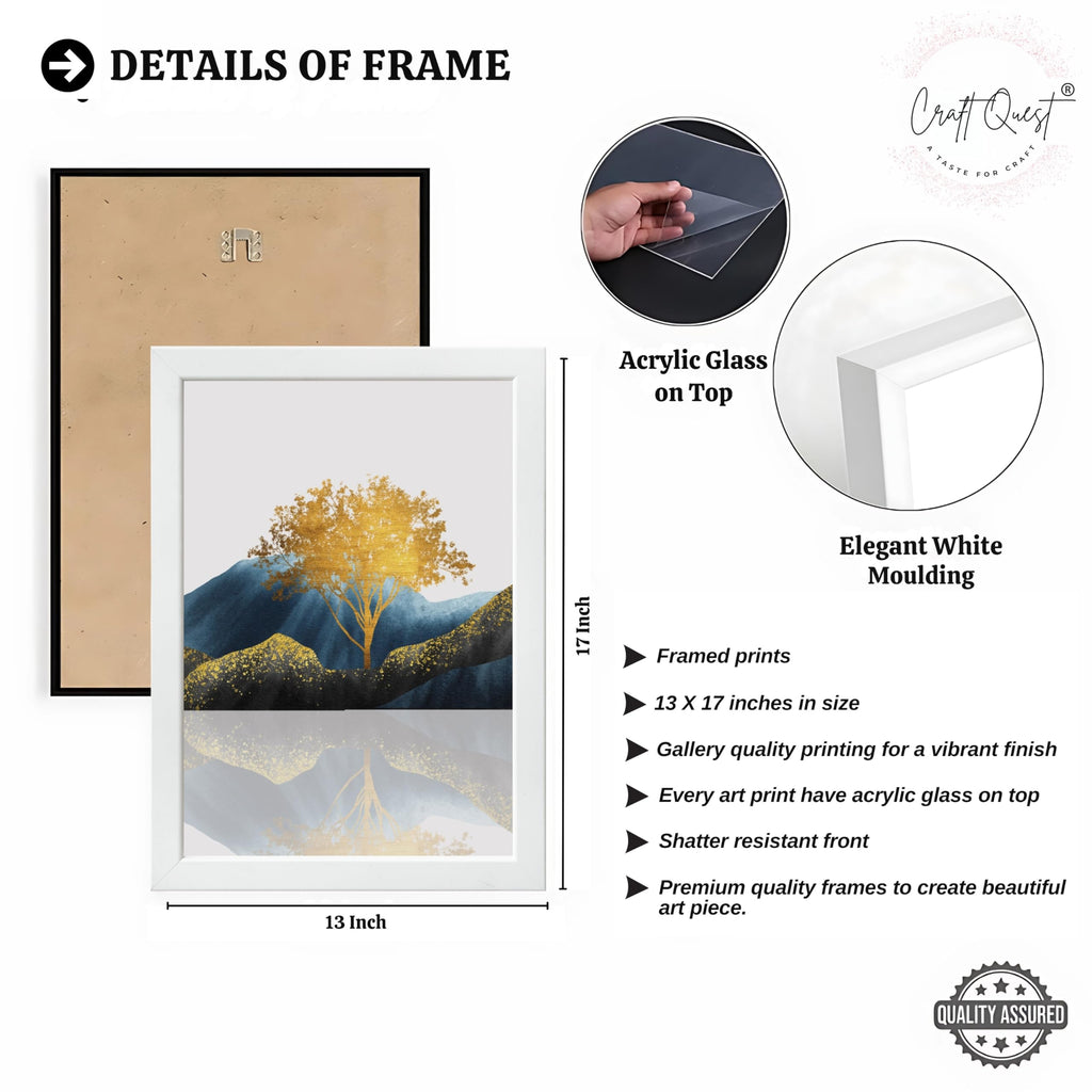 CRAFT QUEST Modern Abstract Golden Trees & Mountains | Set of 3 Frames for Home Decoration | Ideal for Living Room, Bedroom & Offices
