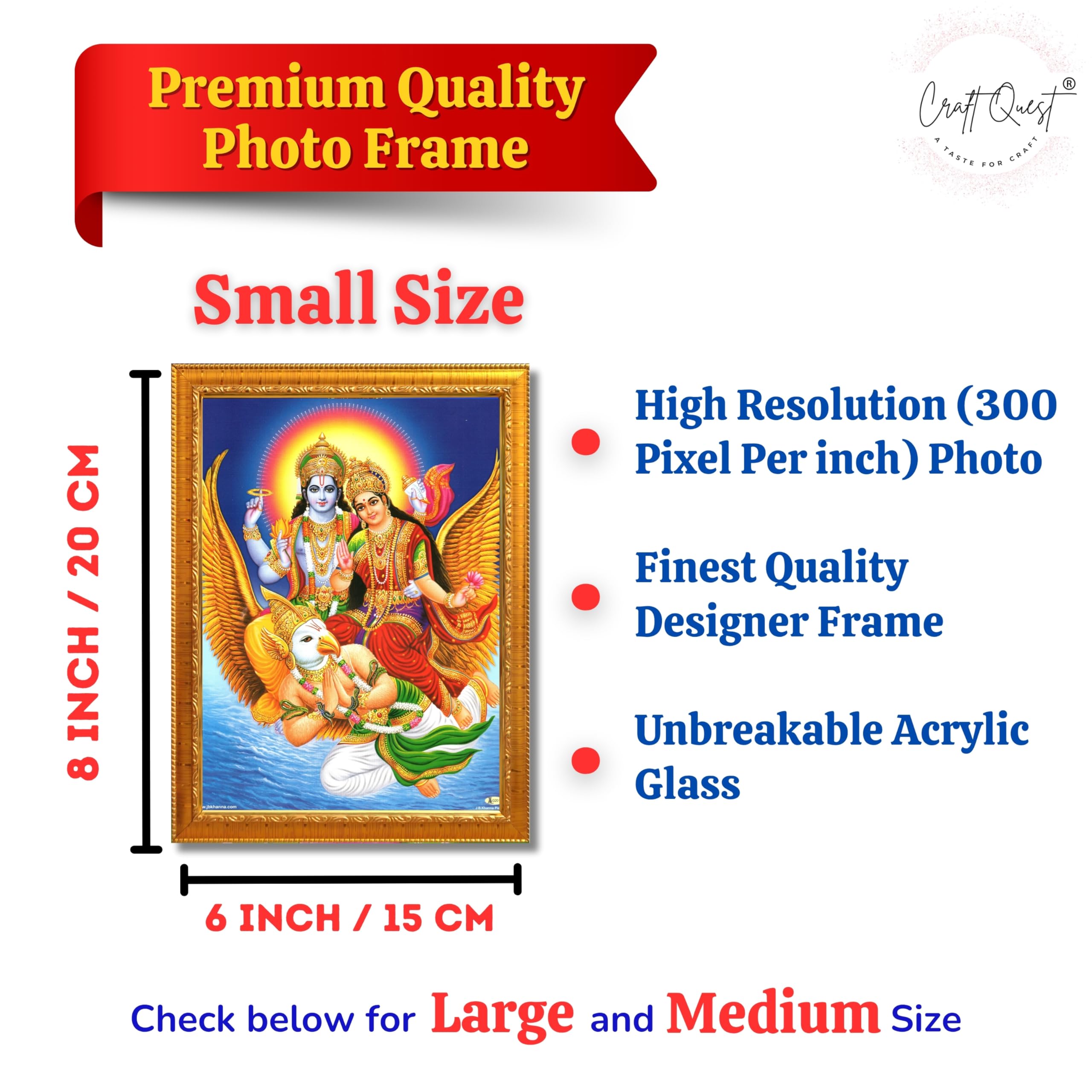 CRAFT QUEST Lord Vishnu and Goddess Lakshmi Giving Blessing on Garud Jii, Glitter Work Painting wooden framed