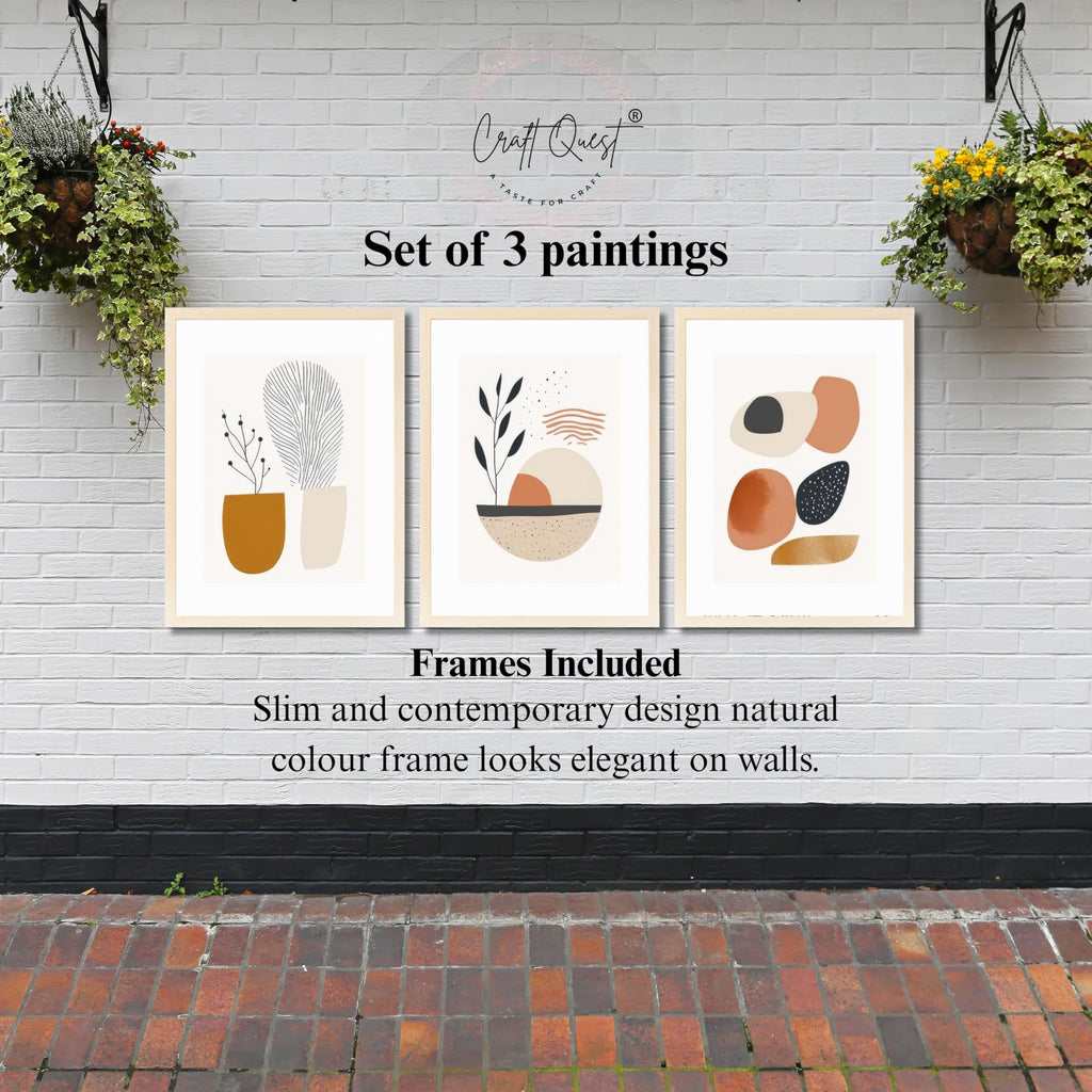 CRAFT QUEST Contemporary Organic Abstract Wall Art | Set of 3 Frames for Home Decoration | Ideal for Living Room, Bedroom & Offices