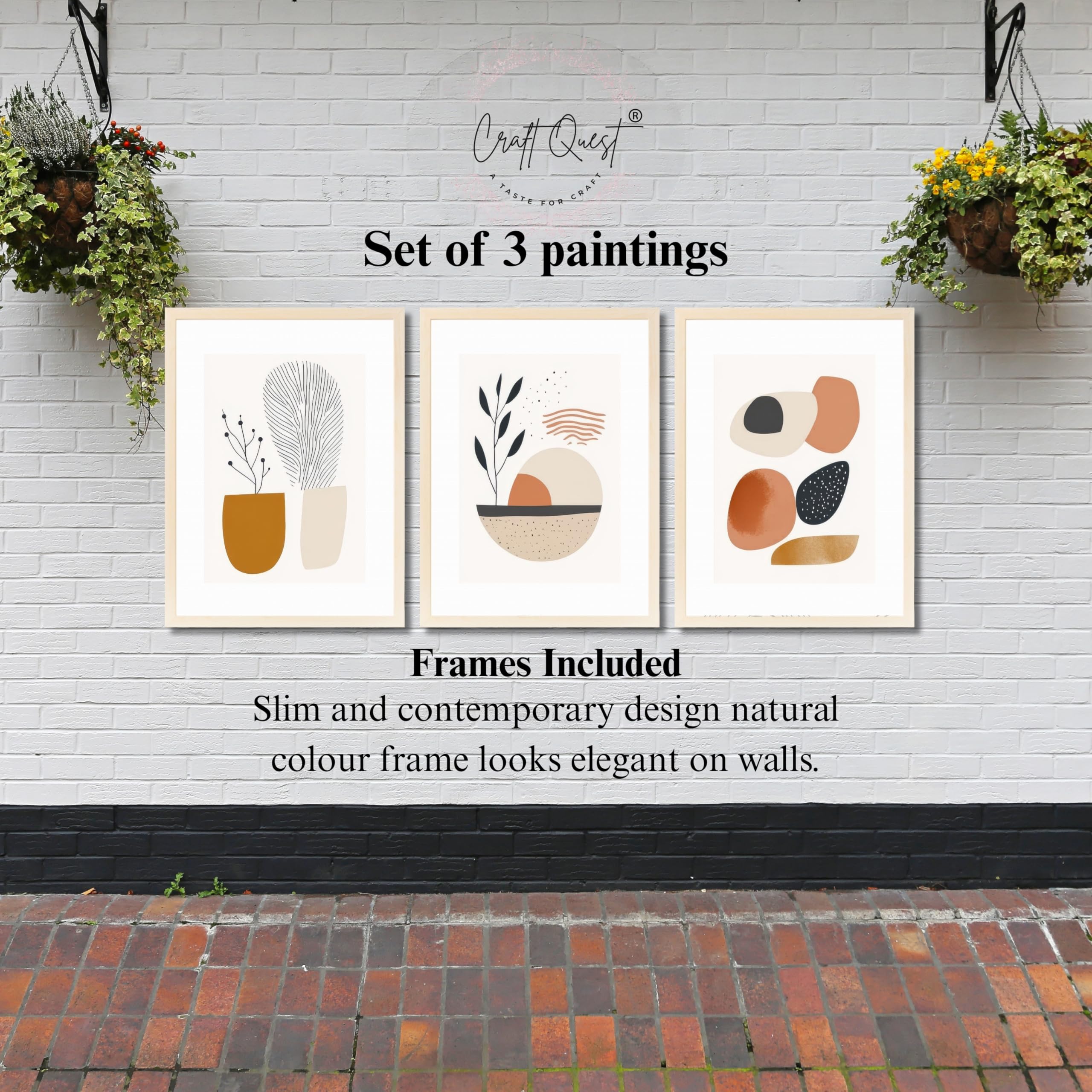 CRAFT QUEST Contemporary Organic Abstract Wall Art | Set of 3 Frames for Home Decoration | Ideal for Living Room, Bedroom & Offices