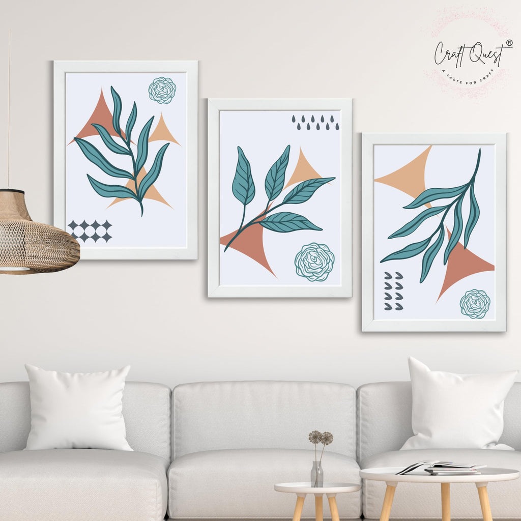 CRAFT QUEST Nature Inspired Botanical Wall Art Abstract Leaves Wall Art | Set of 3 Frames for Home Decoration | Ideal for Living Room, Bedroom & Office