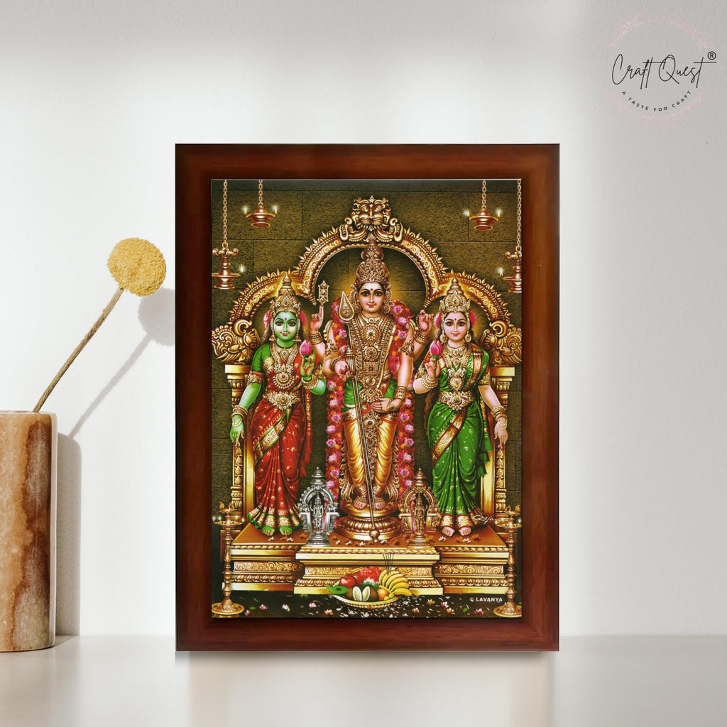 CRAFT QUEST Lord Murugan Valli Deivanai Subramanya Swamy Wall Painting Photo Framed | South God Picture Frame for Home, Office, Temple & Gifting, Decor