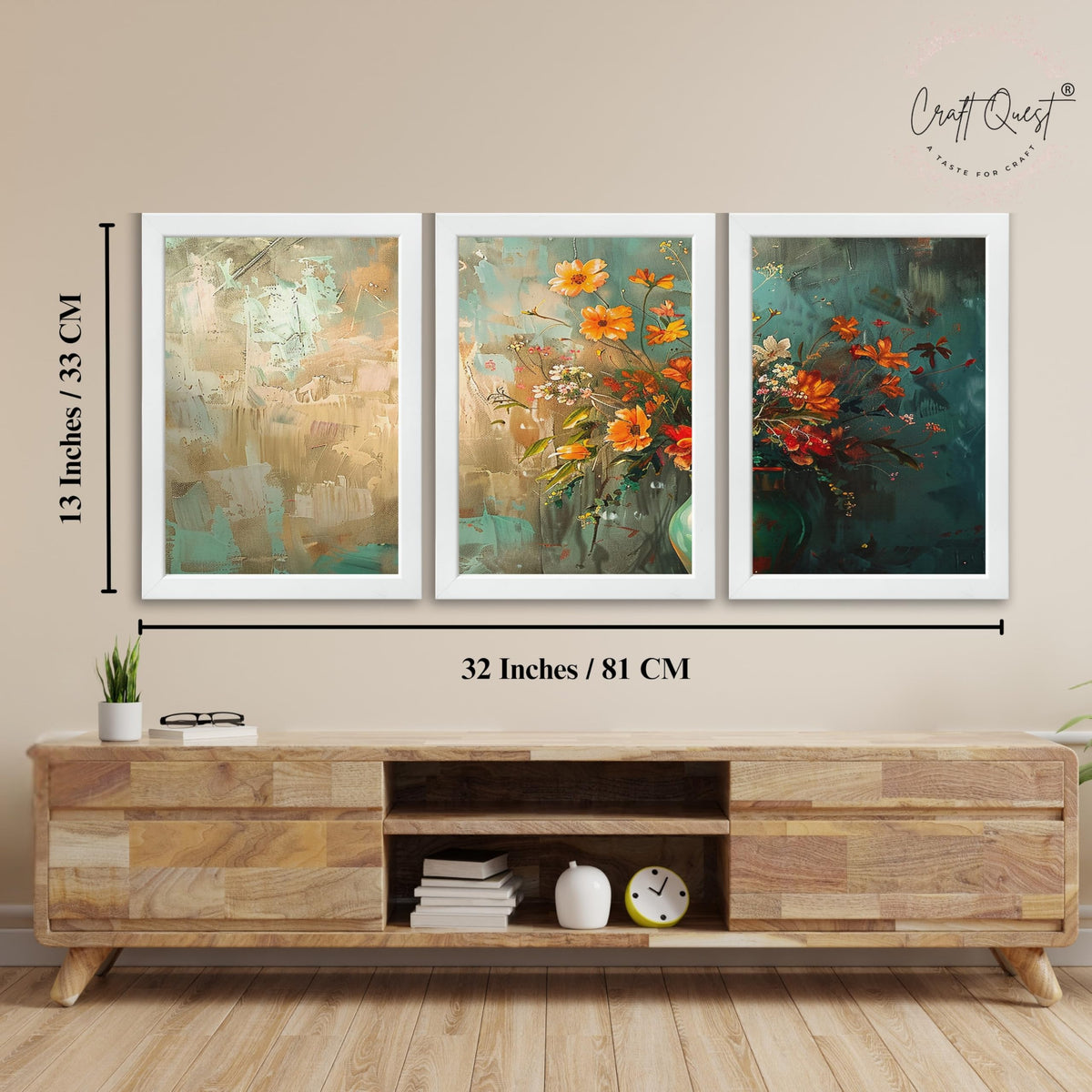 CRAFT QUEST Nature Inspired Paintings Of Flowers Wall Art | Set of 3 Frames for Home Decoration | Ideal for Living Room, Bedroom & Office